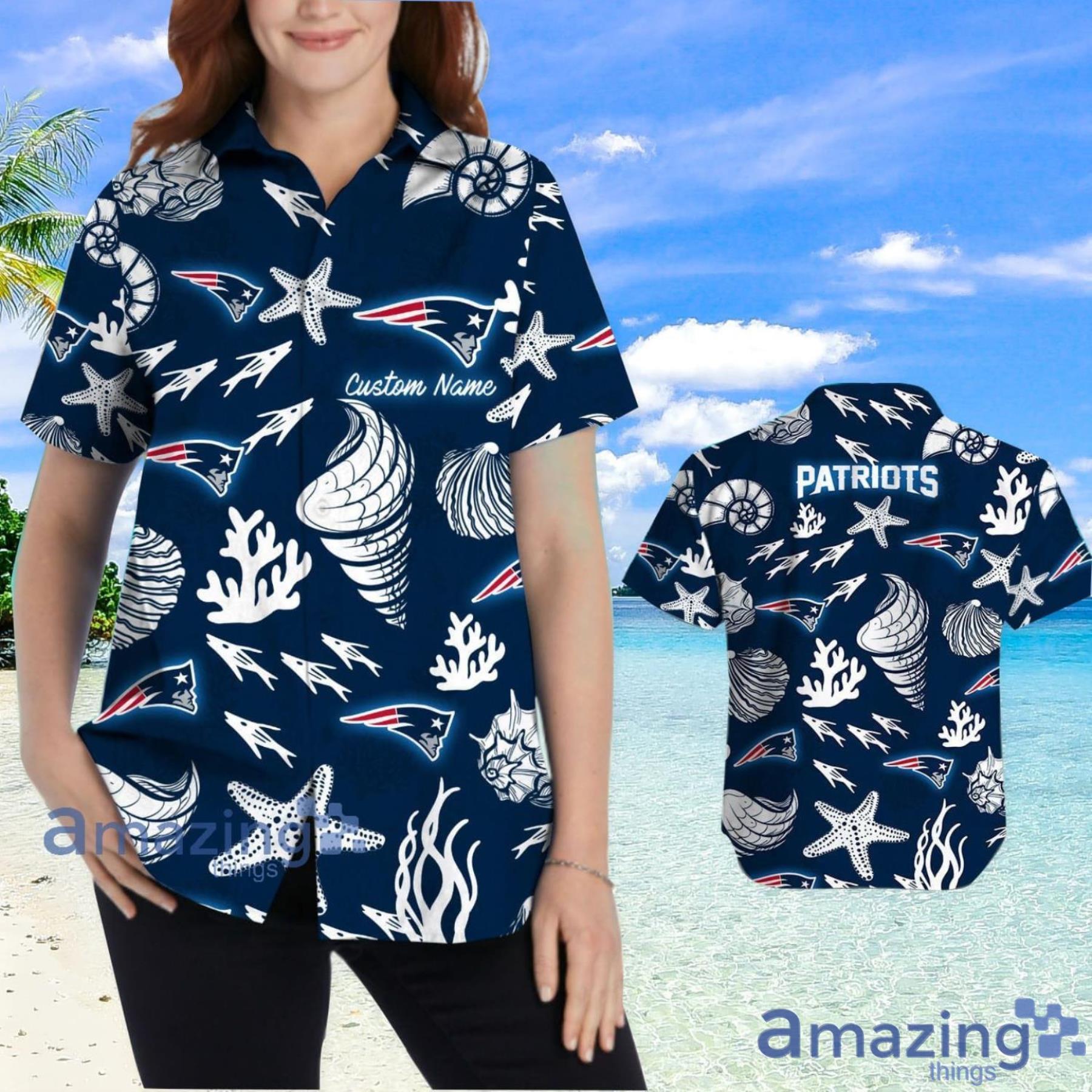 New England Patriots Custom Name Shells Starfish Parttern Hawaiian Shirt For Men And Women image New England Patriots Custom Name Shells Starfish Parttern Hawaiian Shirt For Men And Women Product Photo 2
