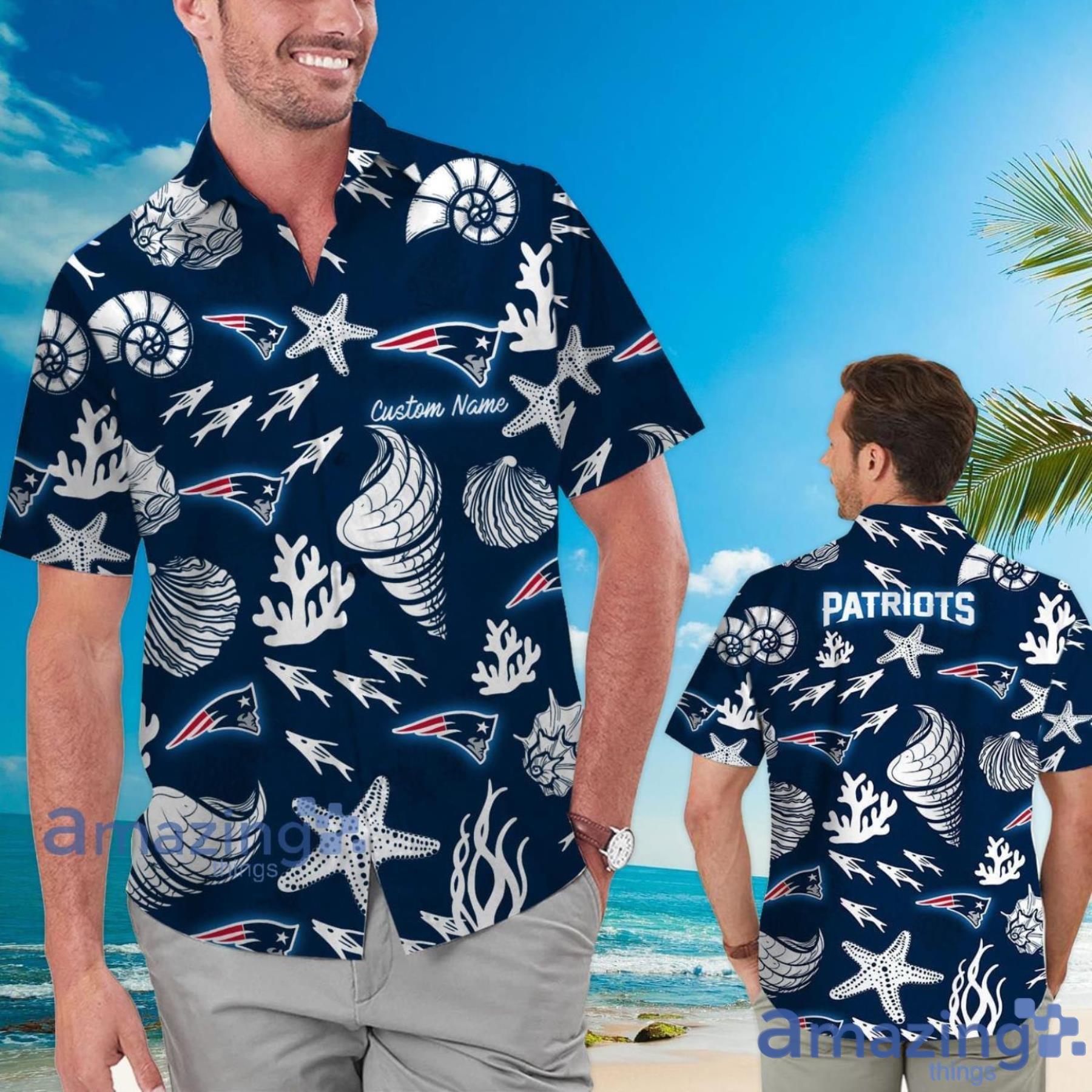 New England Patriots Custom Name Shells Starfish Parttern Hawaiian Shirt For Men And Women Product Photo 1