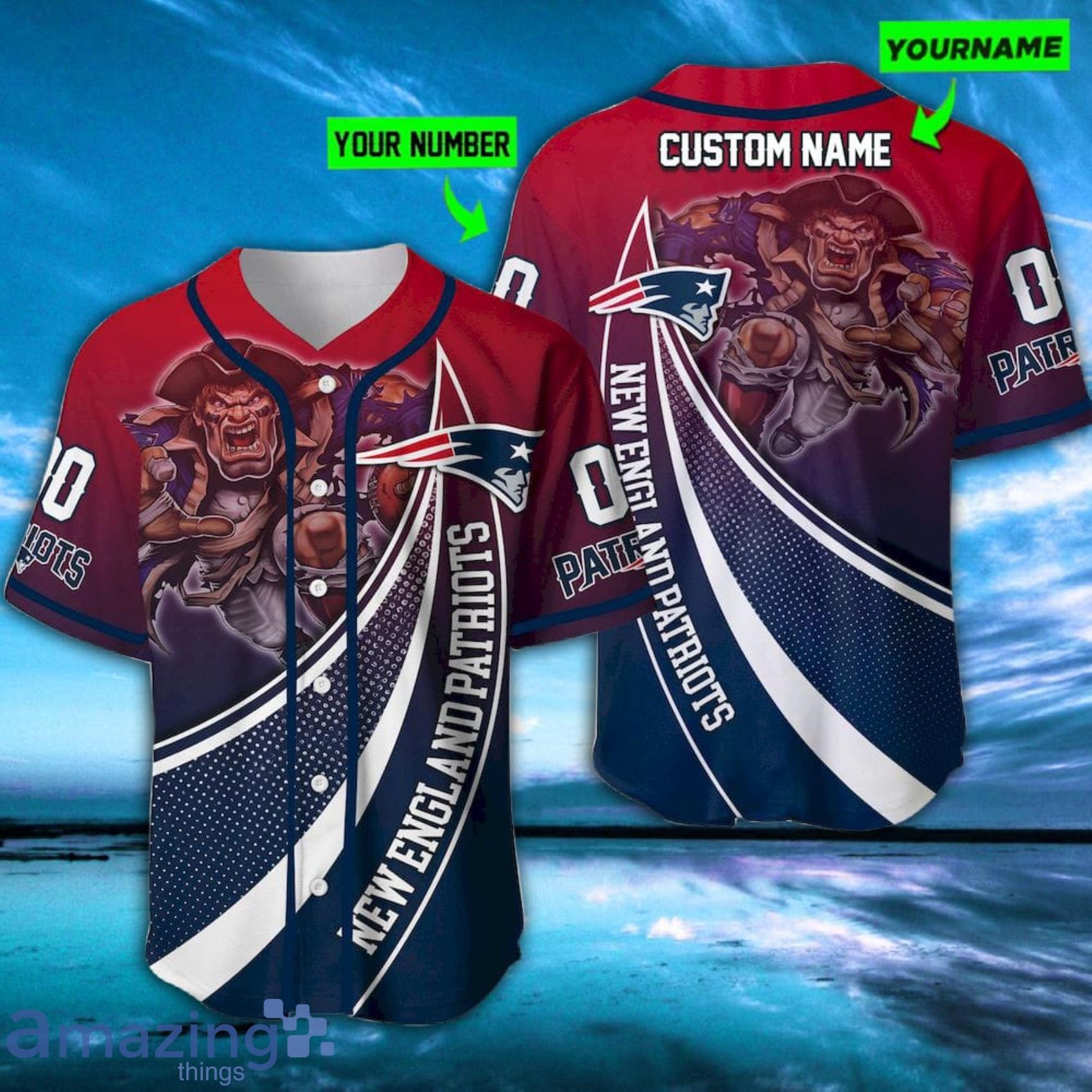 New England Patriots Mascot Custom Name Baseball Jersey Product Photo 1