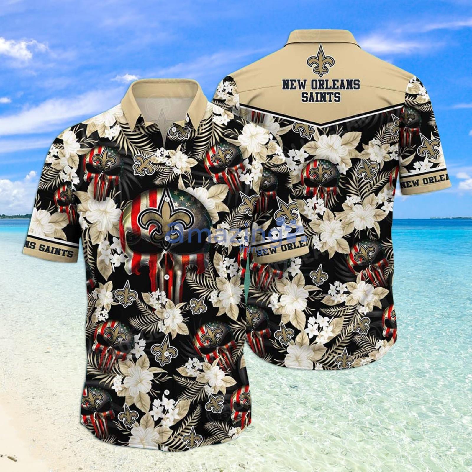 New Orleans Saints NFL Skull Tropical Flower Hawaiian Shirt Product Photo 1