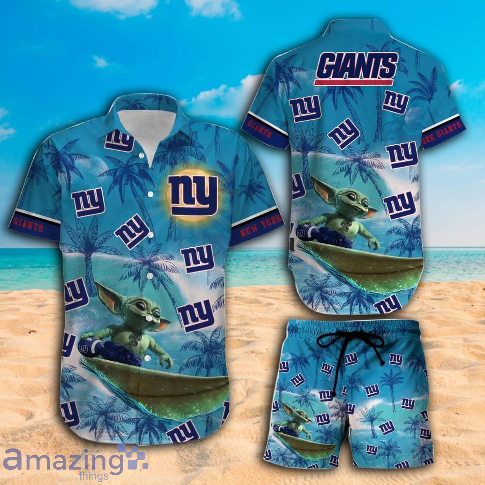 New York Giants Football Team Baby Yoda Surfing Summer Beach Hawaiian Shirt And Beach Short Product Photo 1