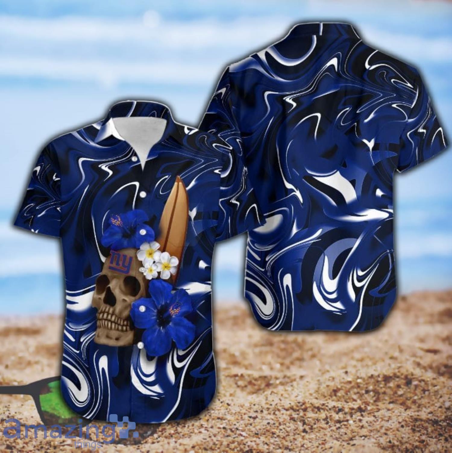New York Giants Skull And Hibiscus Flower NFL All Over Print Hawaiian Shirt Product Photo 1