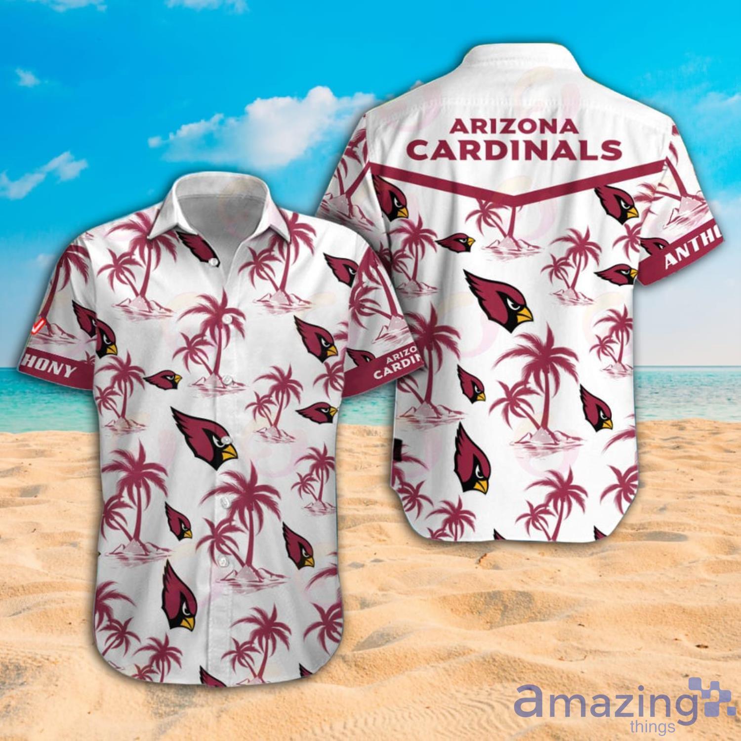 NFL Arizona Cardinals Custom Name Logo Palm Trees Pattern Hawaiian Shirt And Beach Short image NFL Arizona Cardinals Custom Name Logo Palm Trees Pattern Hawaiian Shirt And Beach Short Product Photo 2