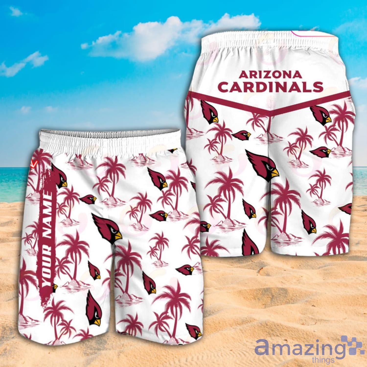 NFL Arizona Cardinals Custom Name Logo Palm Trees Pattern Hawaiian Shirt And Beach Short image NFL Arizona Cardinals Custom Name Logo Palm Trees Pattern Hawaiian Shirt And Beach Short Product Photo 3