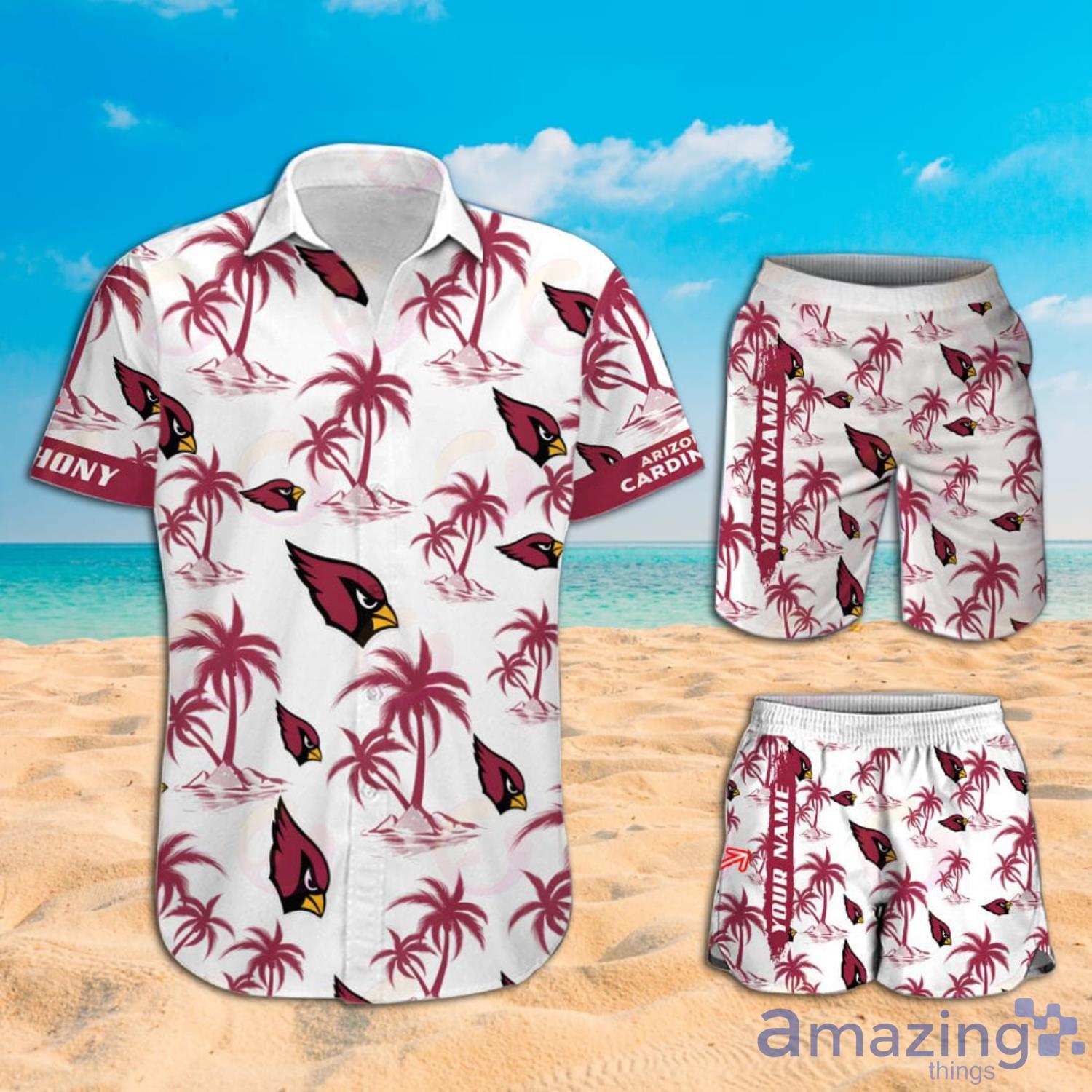 NFL Arizona Cardinals Custom Name Logo Palm Trees Pattern Hawaiian Shirt And Beach Short Product Photo 1