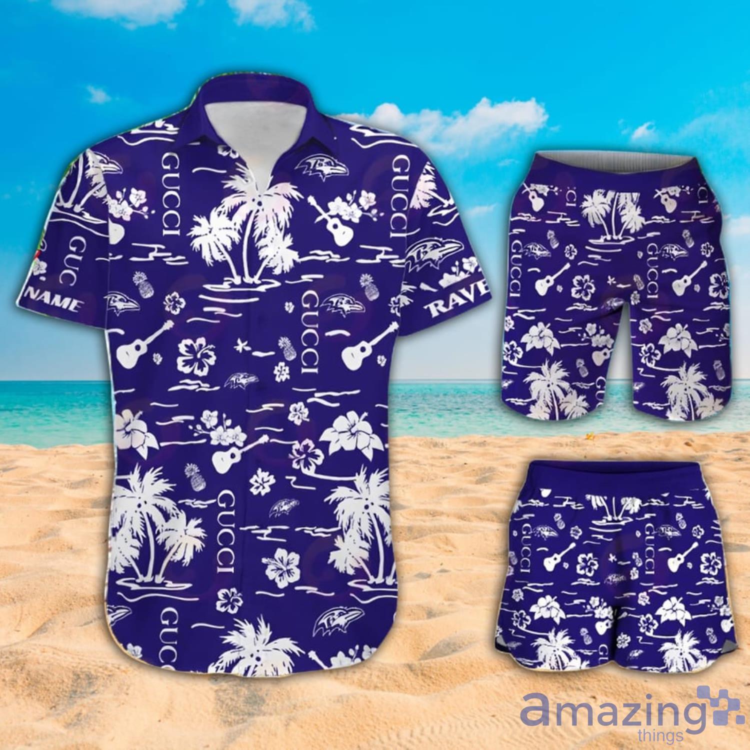 NFL Baltimore Ravens Gucci And Tropical Pattern Hawaiian Shirt And Beach Short Product Photo 1