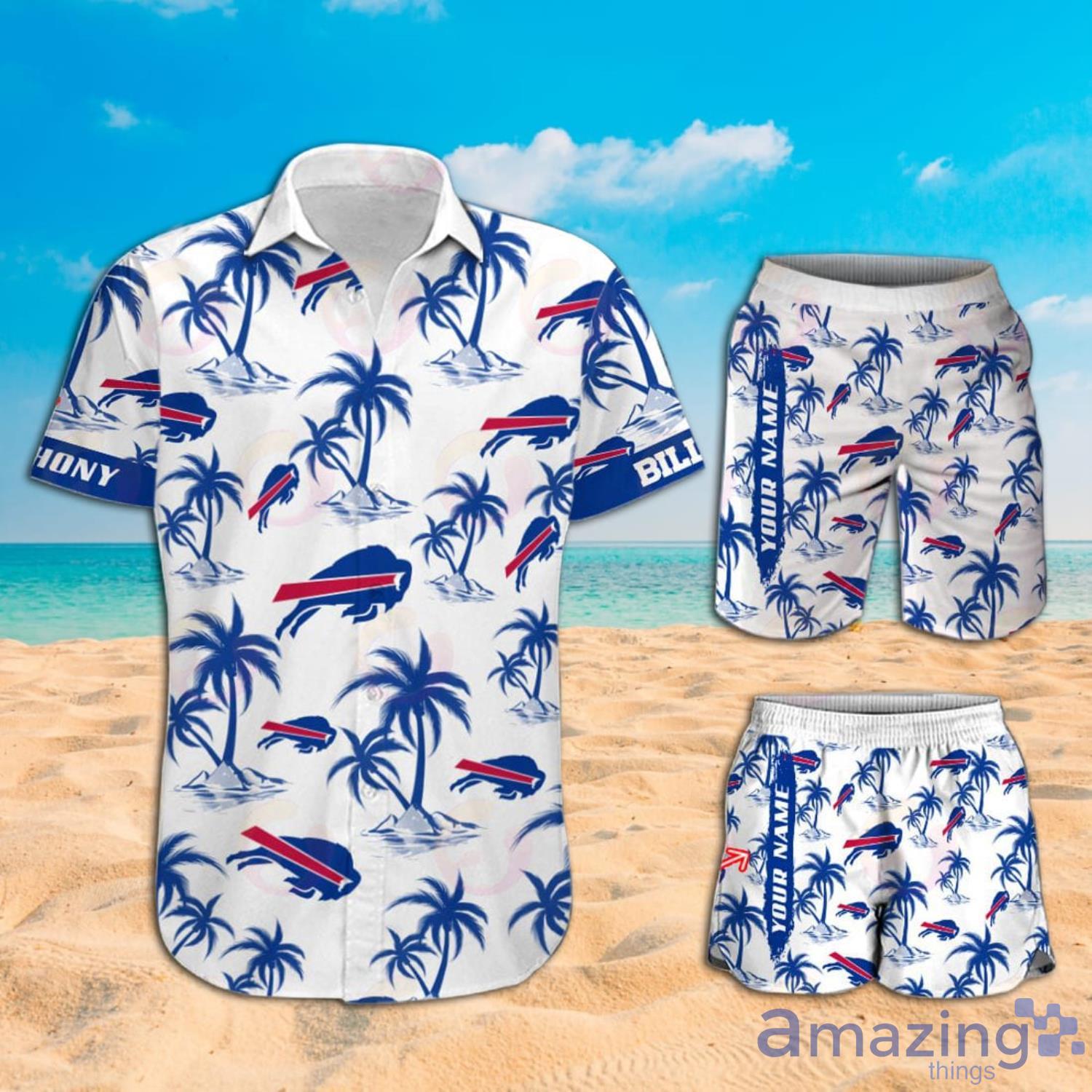 NFL Buffalo Bills Custom Name Logo Palm Trees Pattern Hawaiian Shirt And Beach Short Product Photo 1