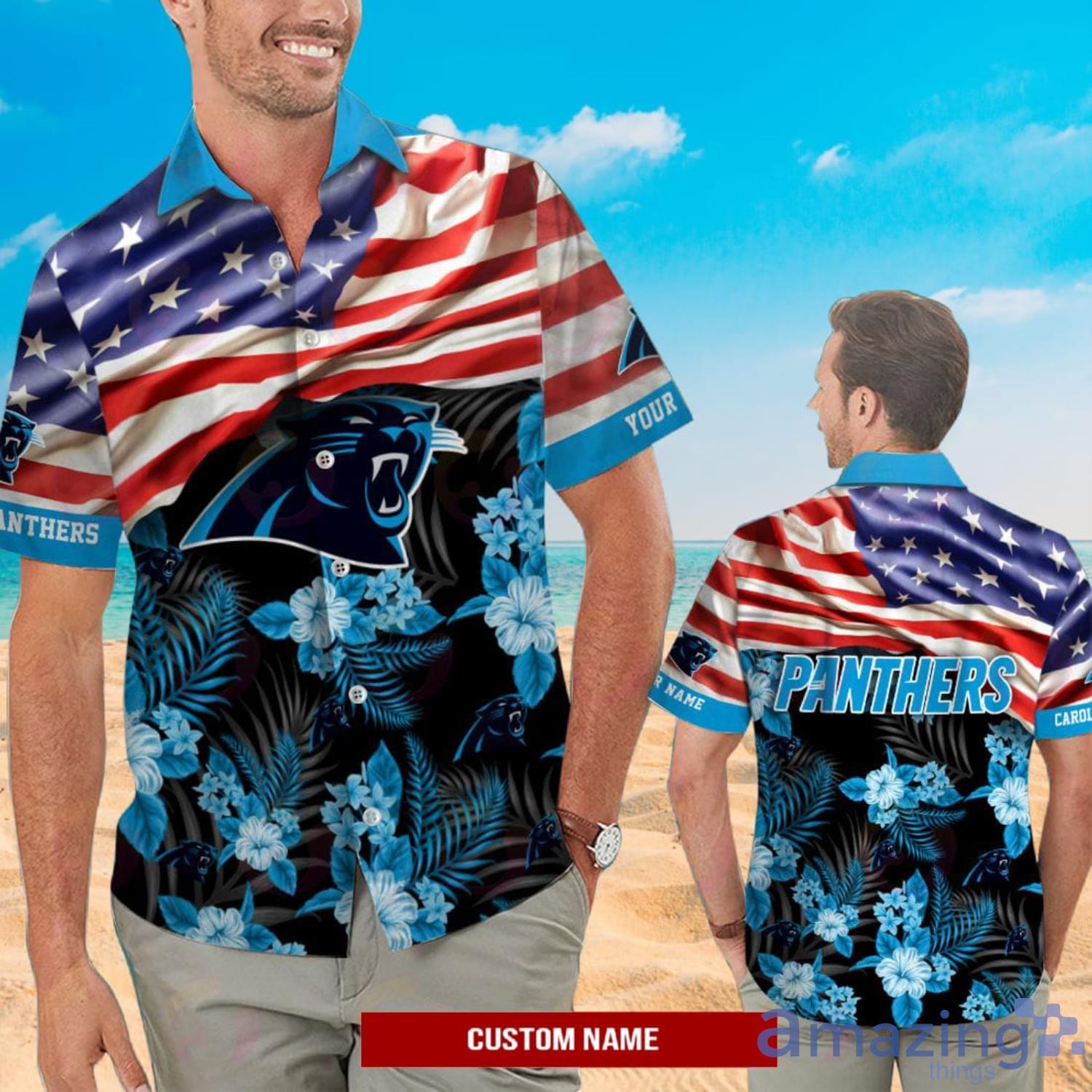 NFL Carolina Panthers Custom Name American Flag Short Sleeve Hawaiian Shirt And Short Product Photo 1