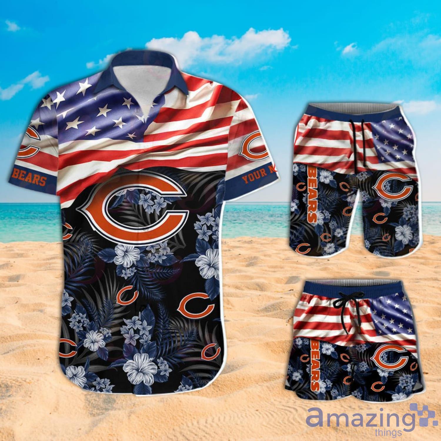 NFL Chicago Bears Camo American Flag Hawaiian Shirt And Short