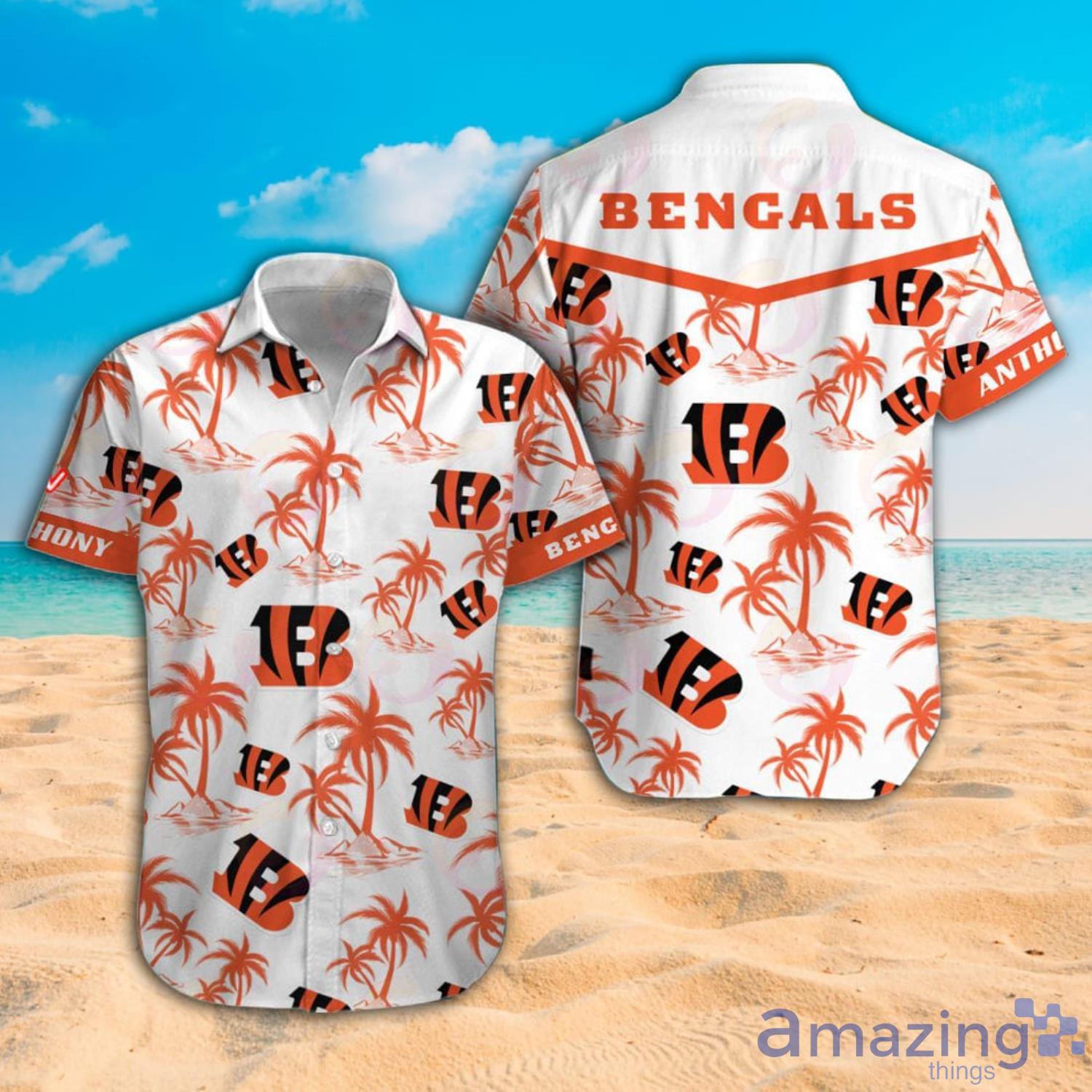 Custom Name NFL Cincinnati Bengals Palm Tree Pattern Dark And Orange  Hawaiian Shirt And Short