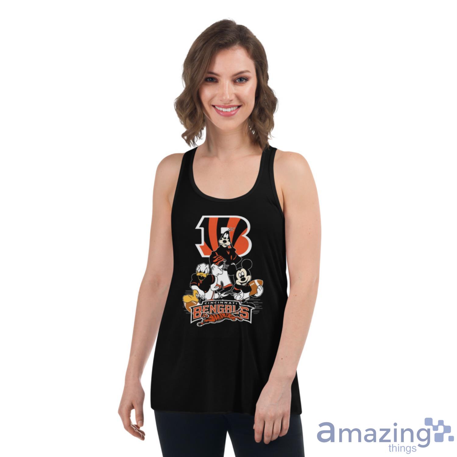 NFL Cincinnati Bengals Mickey Mouse Donald Duck Goofy Football Shirt T Shirt image NFL Cincinnati Bengals Mickey Mouse Donald Duck Goofy Football Shirt T Shirt - Womens Flowy Racerback Tank