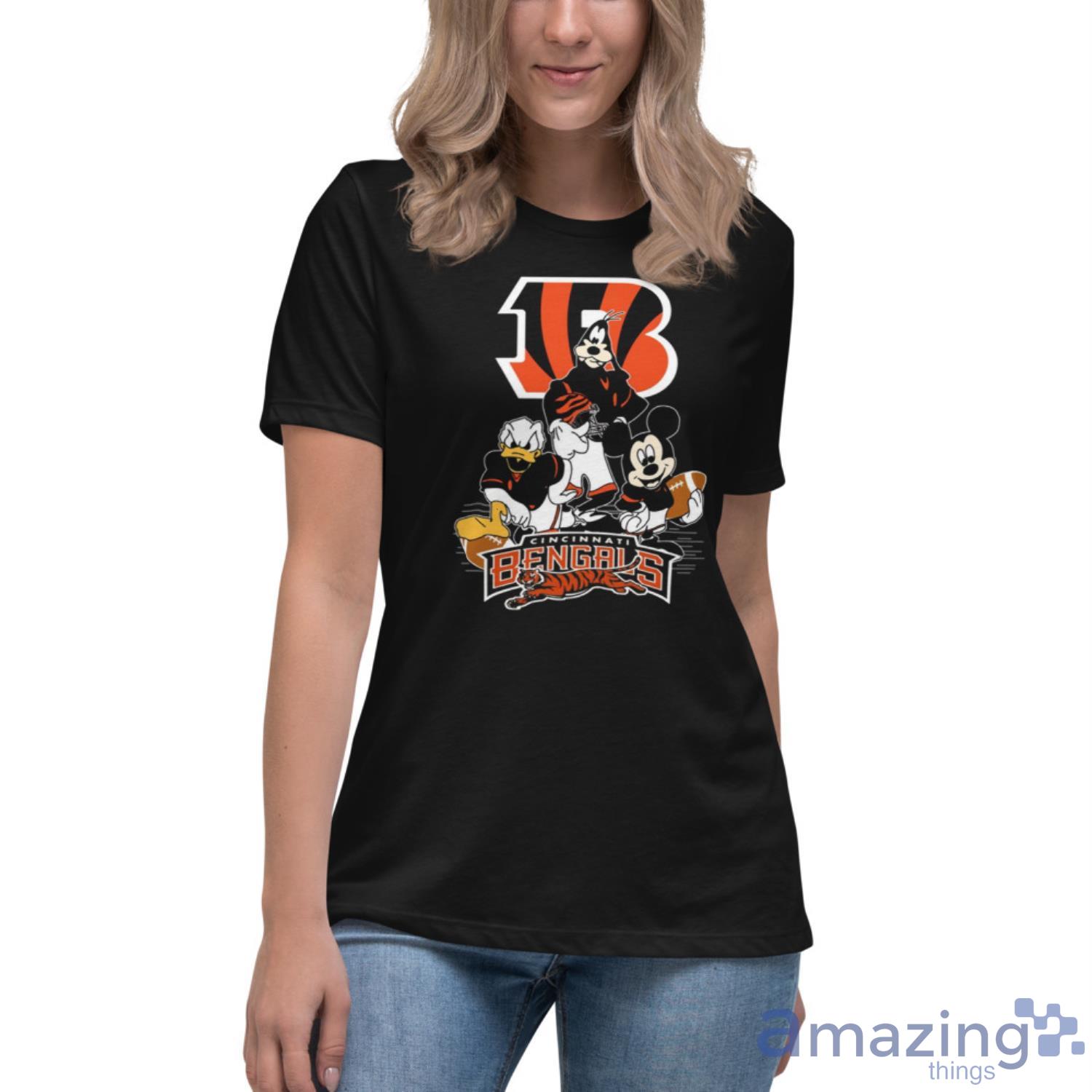 NFL Cincinnati Bengals Mickey Mouse Donald Duck Goofy Football Shirt T Shirt image NFL Cincinnati Bengals Mickey Mouse Donald Duck Goofy Football Shirt T Shirt - Womens Relaxed Short Sleeve Jersey Tee