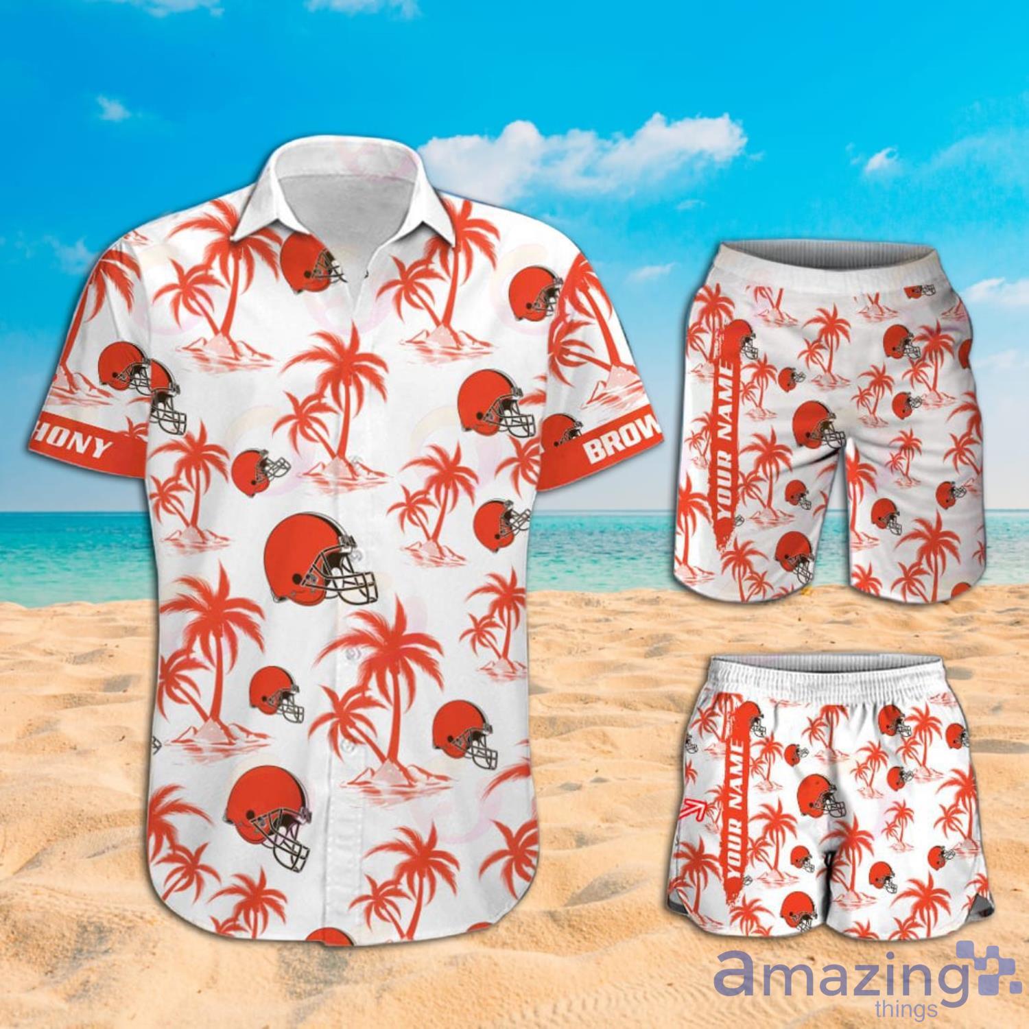 NFL Cleveland Browns Custom Name Logo Palm Trees Pattern Hawaiian Shirt And  Beach Short