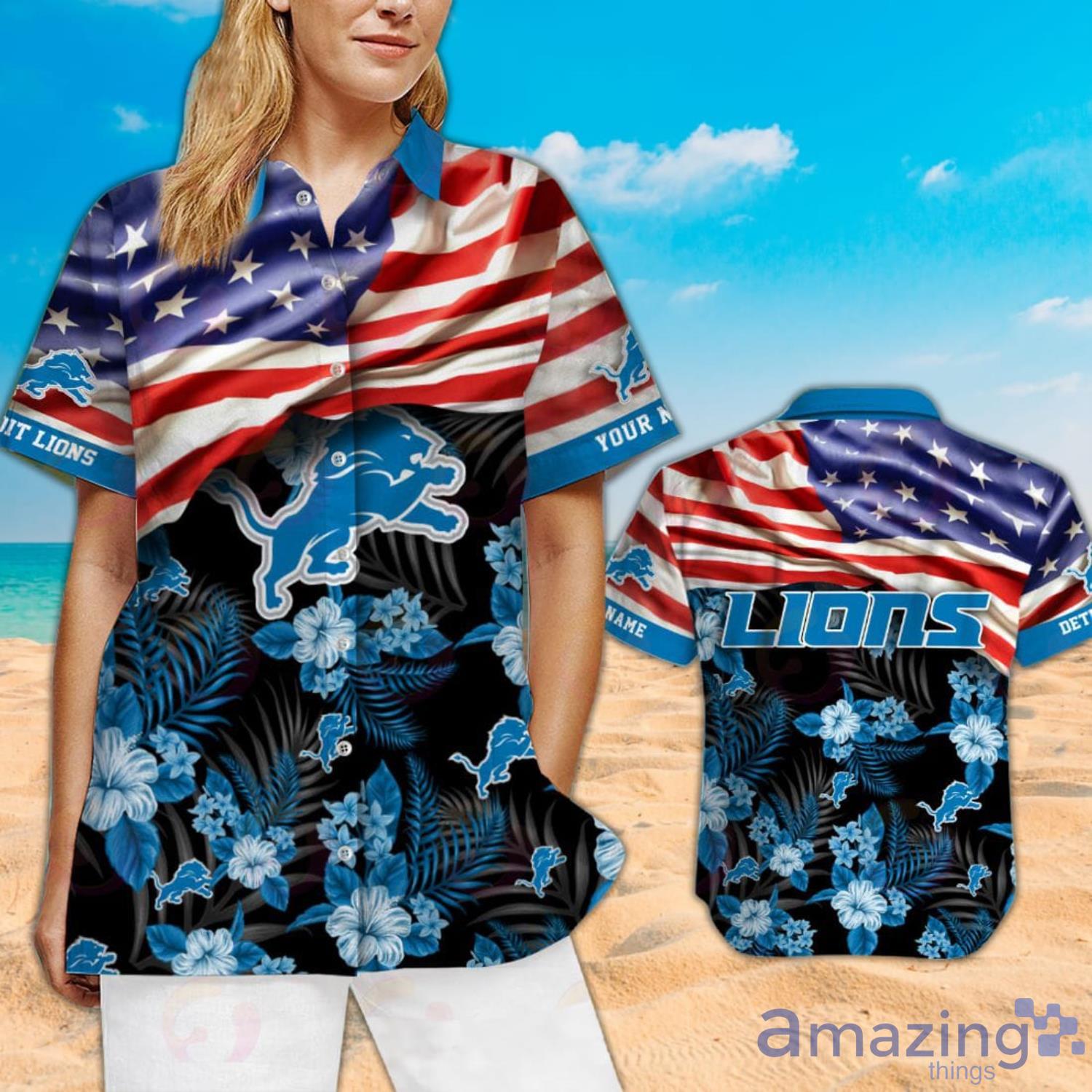 NFL Detroit Lions Custom Name American Flag Short Sleeve Hawaiian Shirt And Short image NFL Detroit Lions Custom Name American Flag Short Sleeve Hawaiian Shirt And Short Product Photo 2