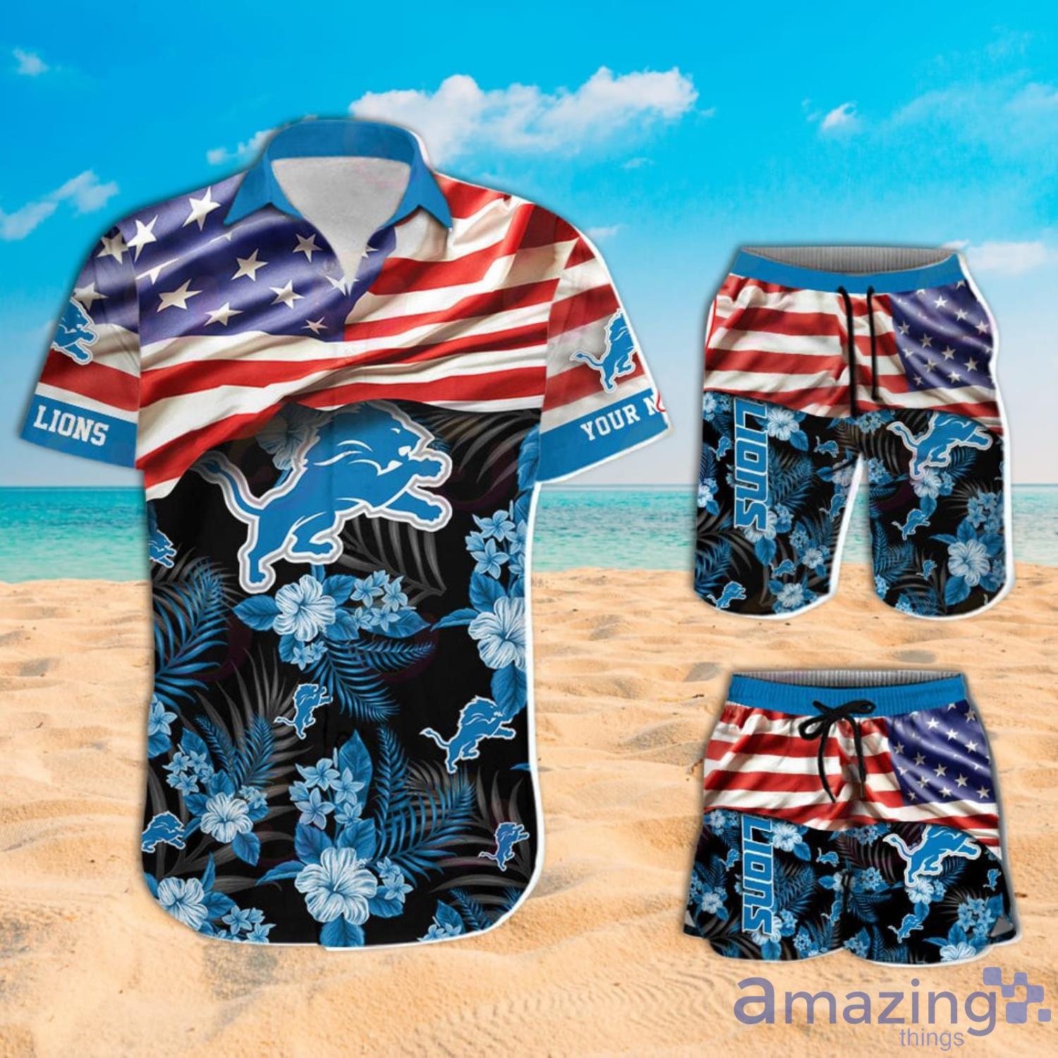 NFL Detroit Lions Custom Name American Flag Short Sleeve Hawaiian Shirt And Short image NFL Detroit Lions Custom Name American Flag Short Sleeve Hawaiian Shirt And Short Product Photo 4