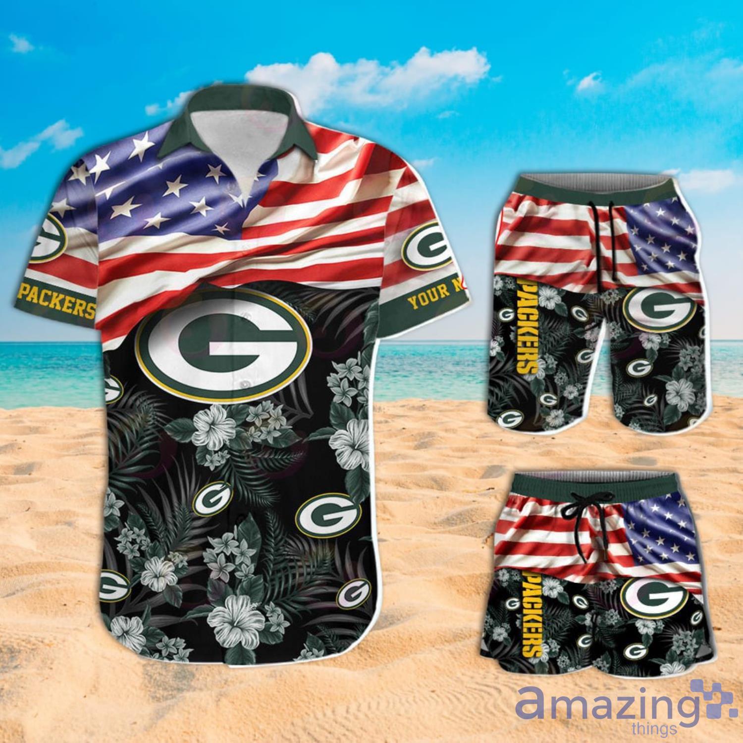 Green Bay Packers 2 Piece Hawaiian Shirts Beach Shorts Set 1/4 Zip UP Shirts