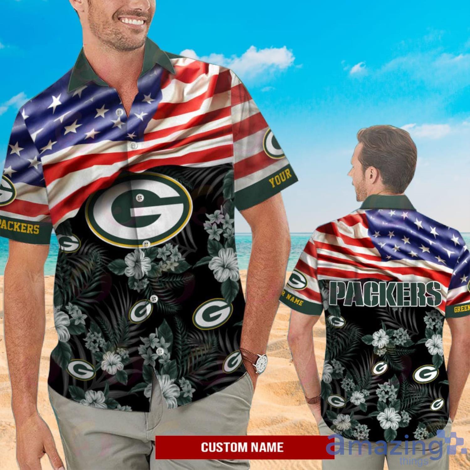 NFL Green Bay Packers Custom Name American Flag Short Sleeve Hawaiian Shirt  And Short