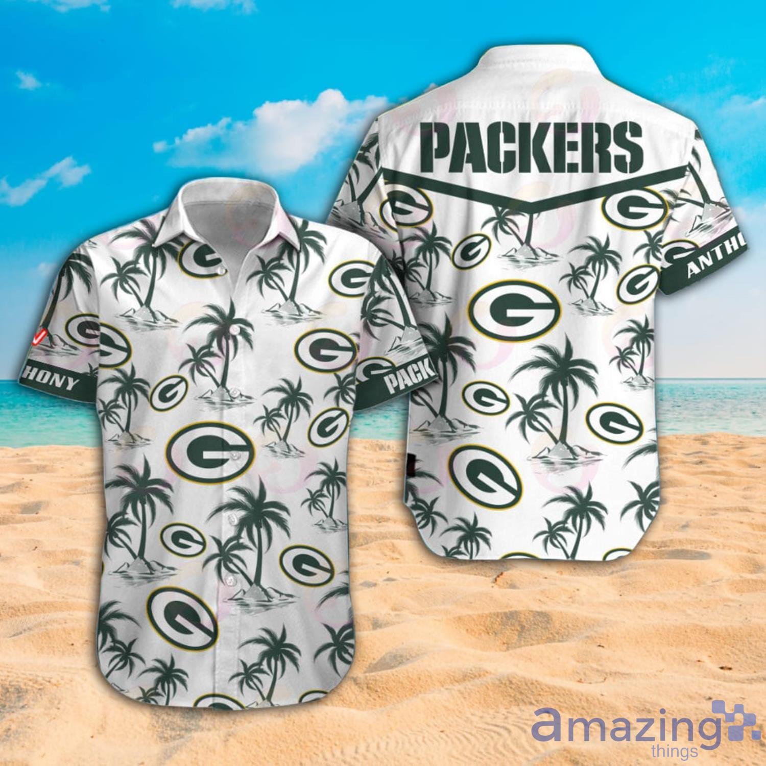 NFL Green Bay Packers Custom Name Logo Palm Trees Pattern Hawaiian Shirt And Beach Short image NFL Green Bay Packers Custom Name Logo Palm Trees Pattern Hawaiian Shirt And Beach Short Product Photo 2