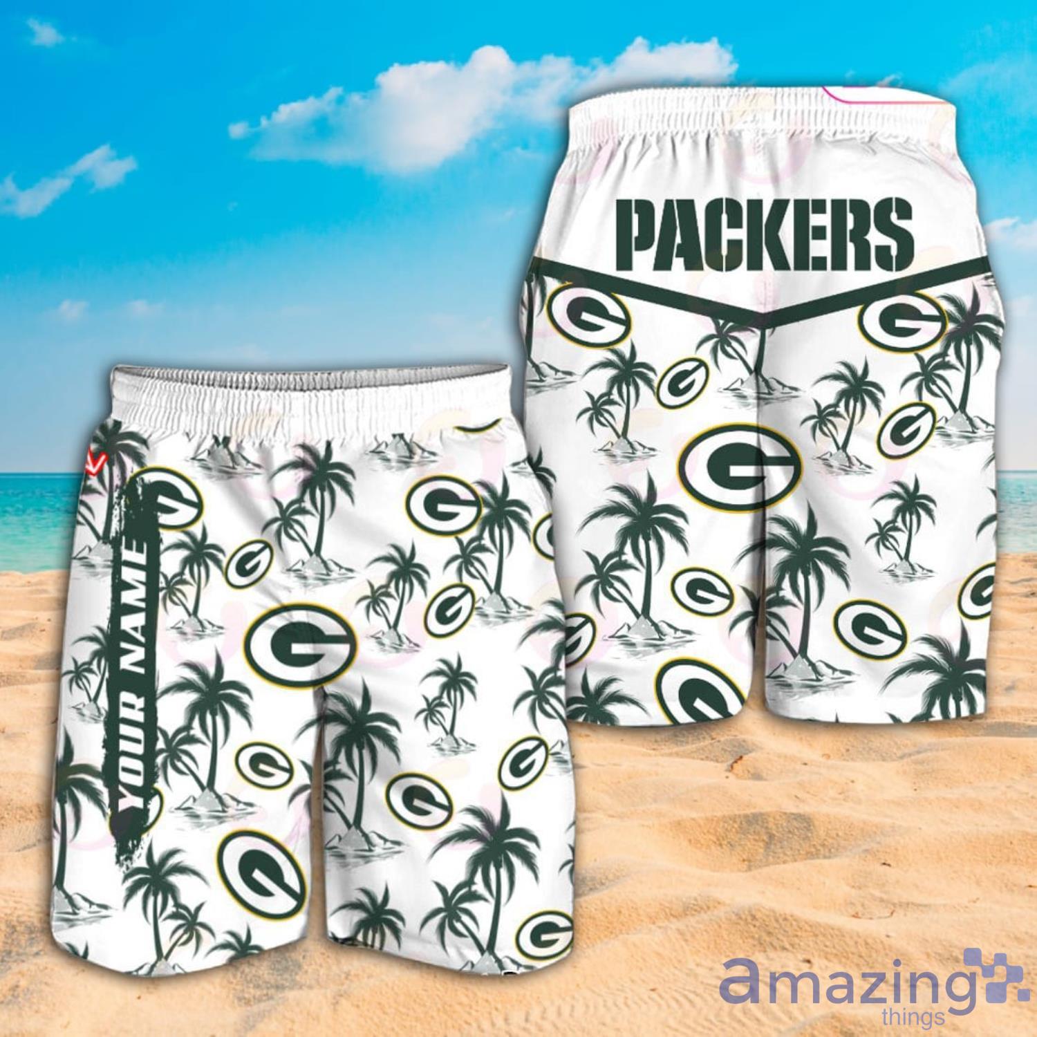 NFL Green Bay Packers Custom Name Logo Palm Trees Pattern Hawaiian Shirt And Beach Short image NFL Green Bay Packers Custom Name Logo Palm Trees Pattern Hawaiian Shirt And Beach Short Product Photo 3