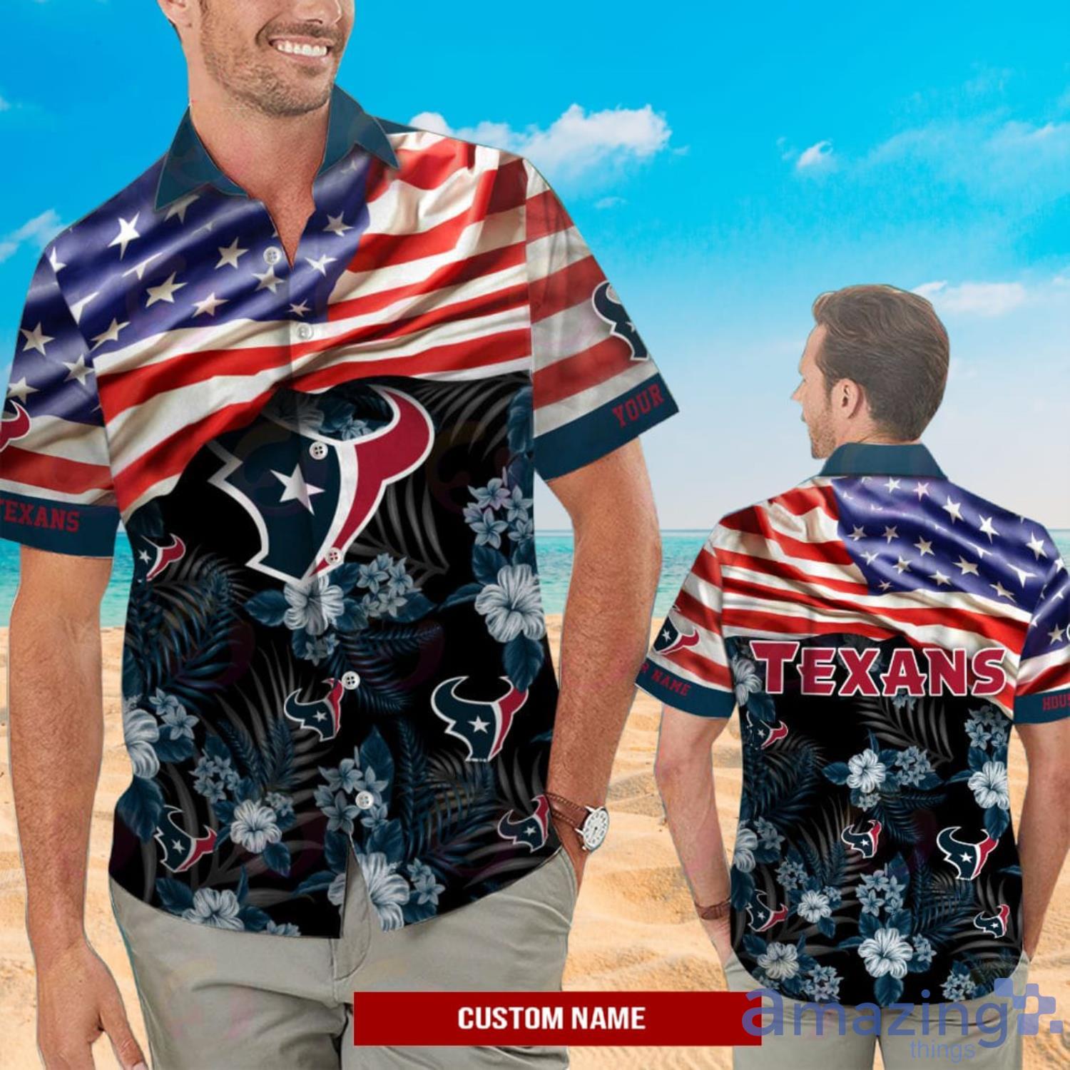 NFL Houston Texans Custom Name American Flag Short Sleeve Hawaiian Shirt  And Short