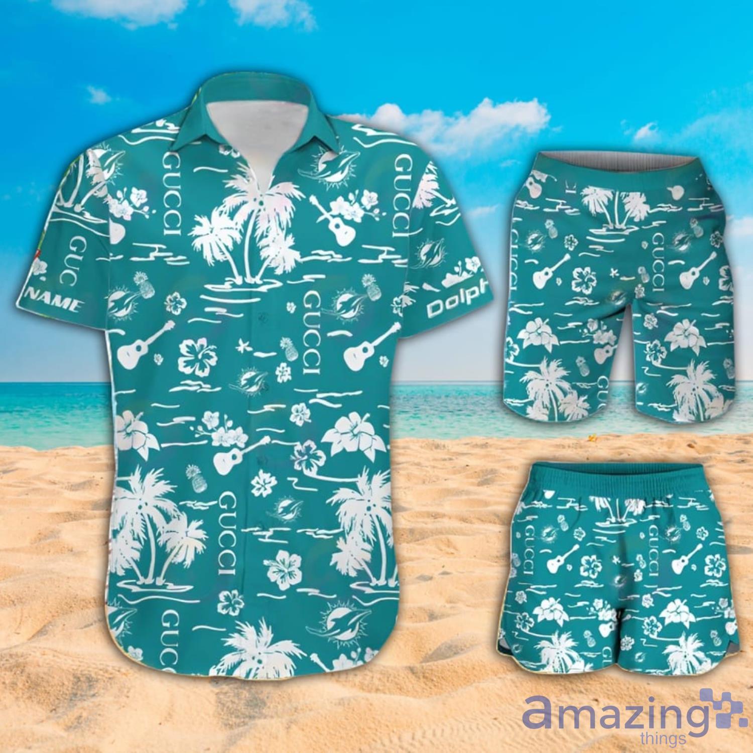 NFL Miami Dolphins Gucci And Tropical Pattern Hawaiian Shirt And Beach Short Product Photo 1