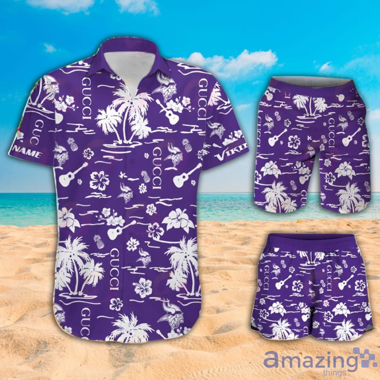 NFL Minnesota Vikings Gucci And Tropical Pattern Hawaiian Shirt And Beach Short Product Photo 1
