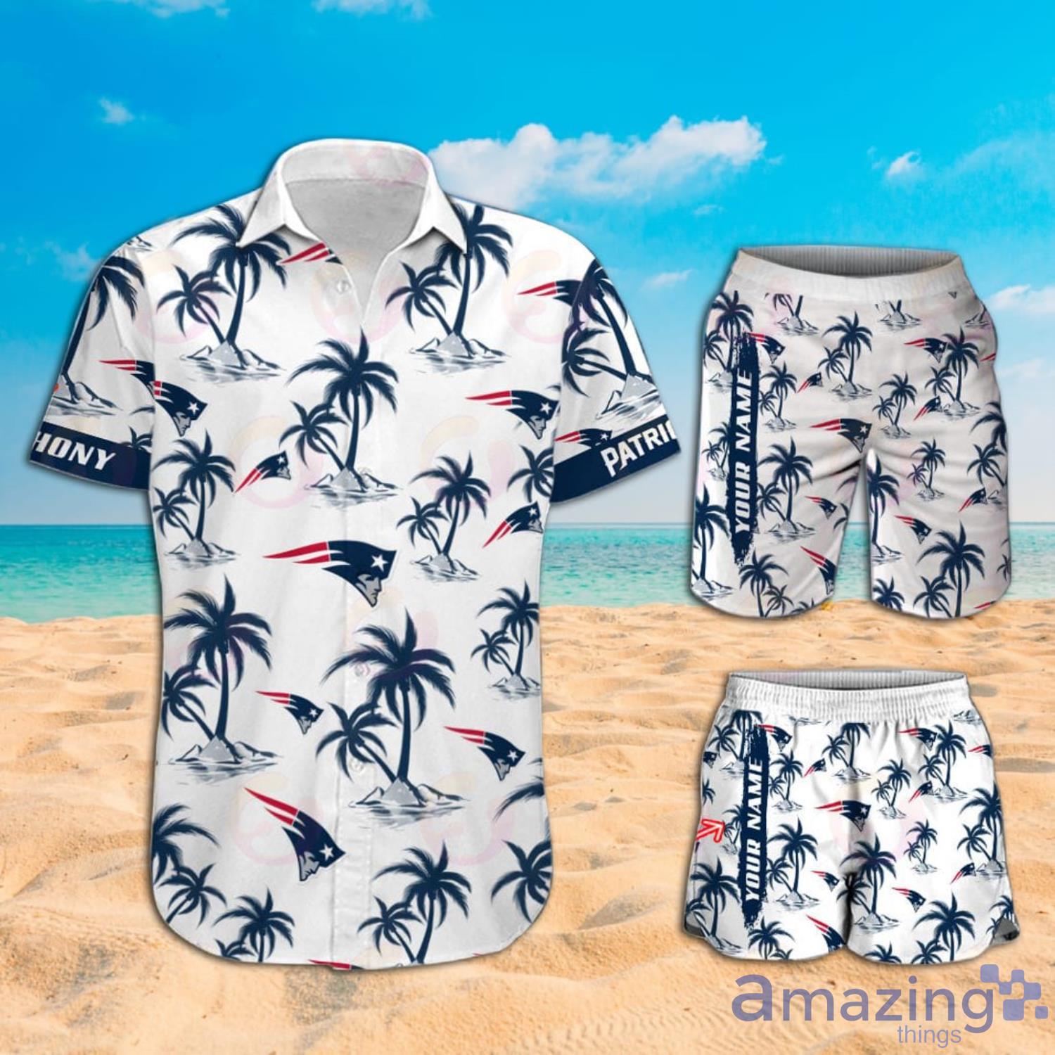 NFL New England Patriots Custom Name Logo Palm Trees Pattern Hawaiian Shirt And Beach Short Product Photo 1