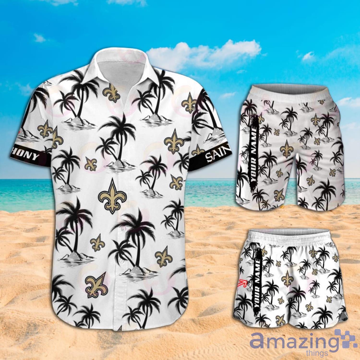 NFL New Orleans Saints Custom Name Logo Palm Trees Pattern Hawaiian Shirt And Beach Short Product Photo 1