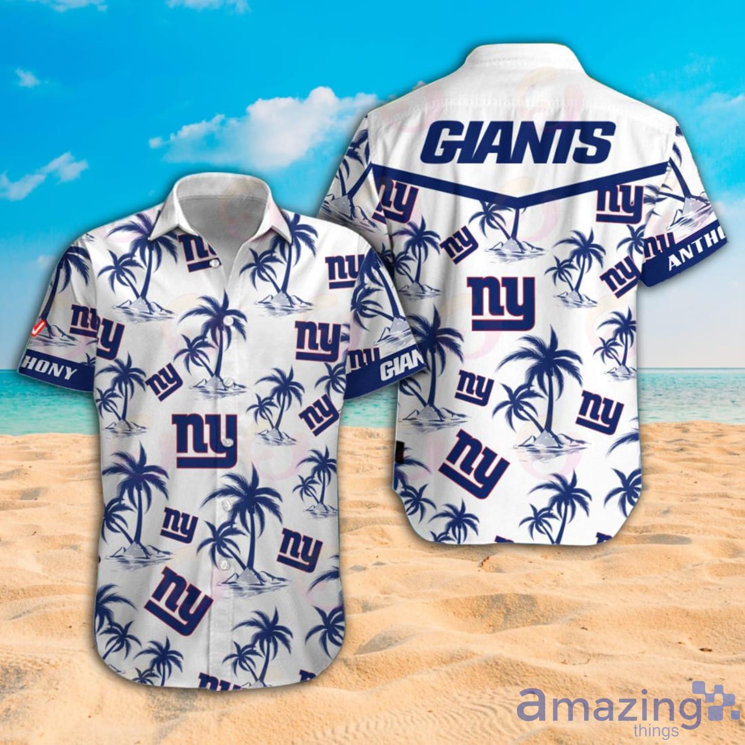 New York Giants NFL Custom Name Colorful Tropical Pattern And Sport Symbol  Short Sleeve Hawaiian Shirt