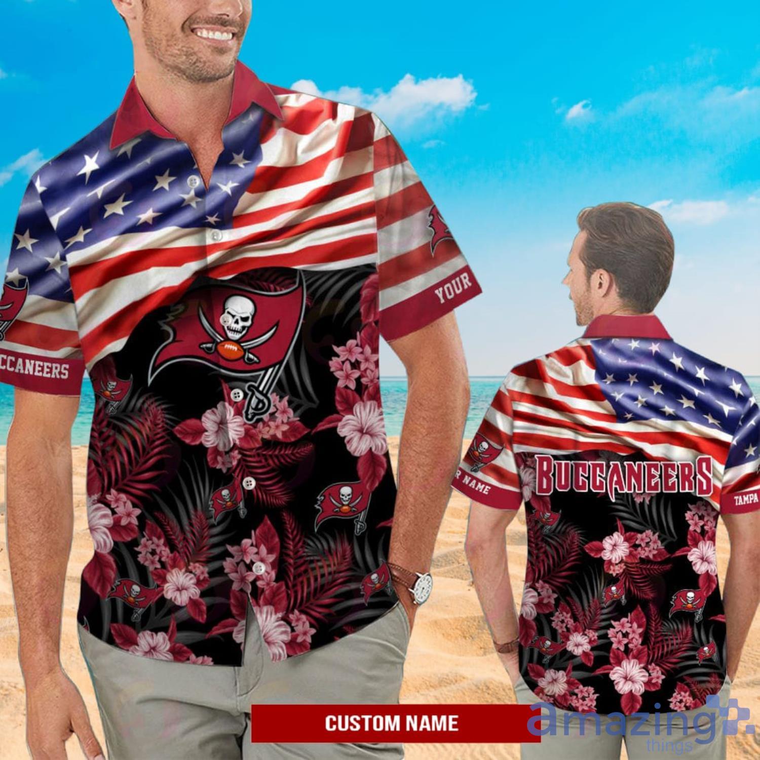 NFL Tampa Bay Buccaneers Custom Name American Flag Short Sleeve Hawaiian  Shirt And Short