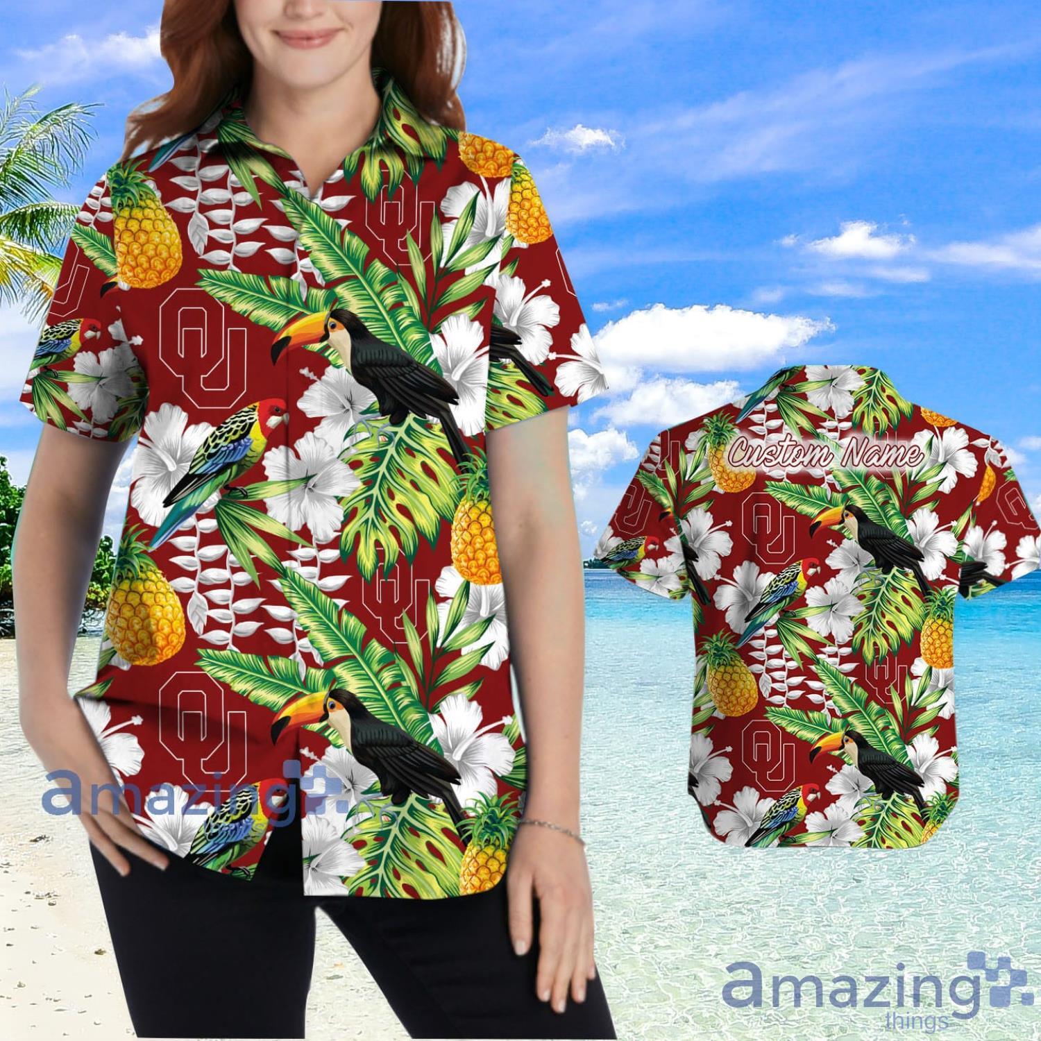Oklahoma Sooners Custom Name Pineapple Parrot Floral Tropical Hawaiian Shirt image Oklahoma Sooners Custom Name Pineapple Parrot Floral Tropical Hawaiian Shirt Product Photo 2