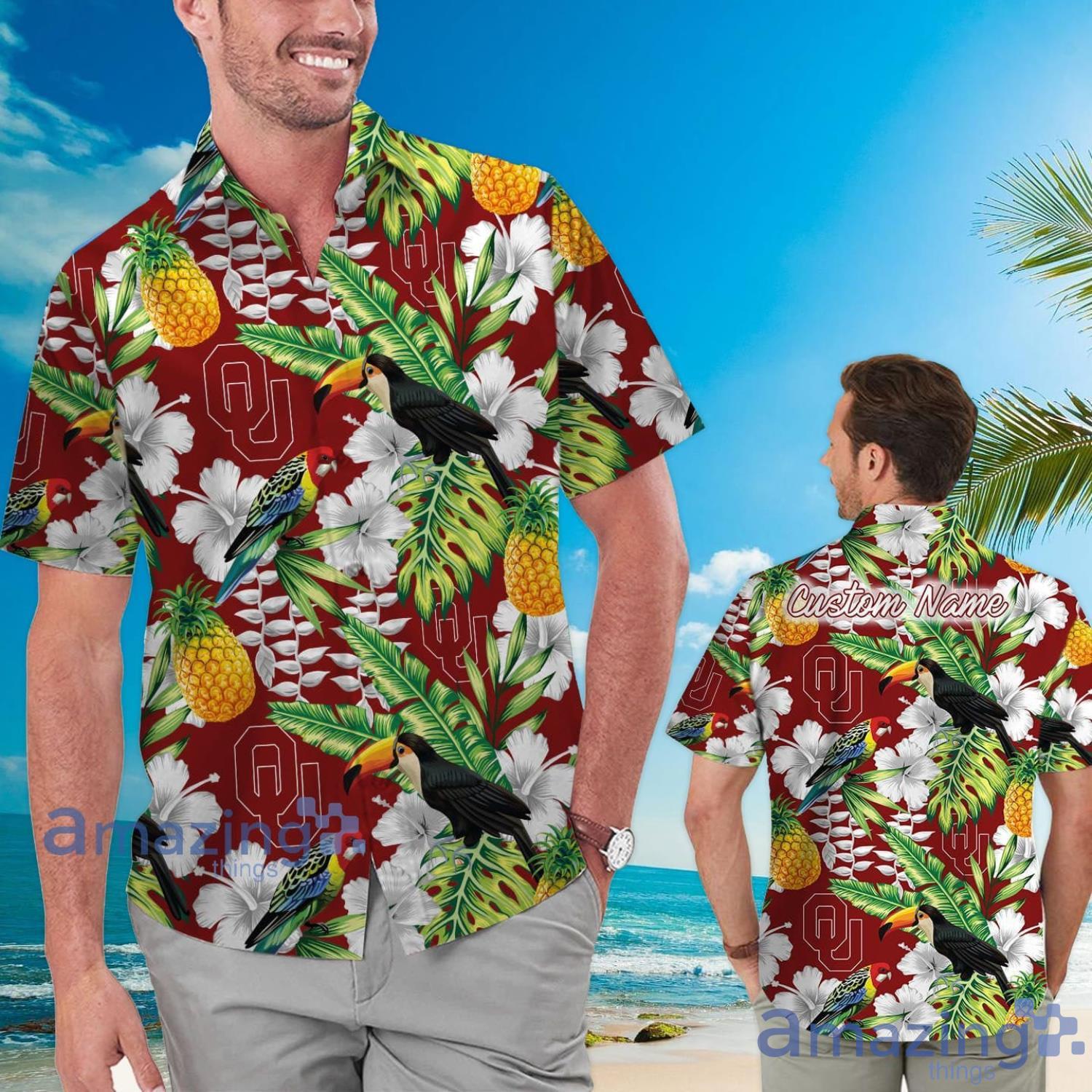 Oklahoma Sooners Custom Name Pineapple Parrot Floral Tropical Hawaiian Shirt Product Photo 1 Oklahoma Sooners Custom Name Pineapple Parrot Floral Tropical Hawaiian Shirt Product Photo 1