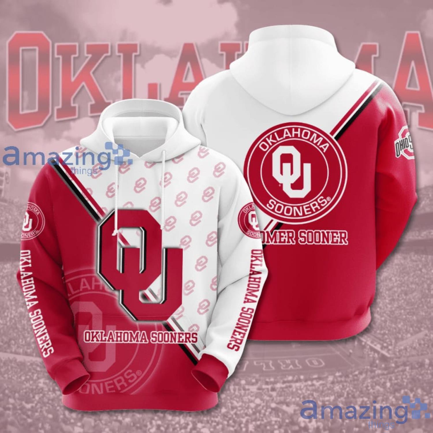 Oklahoma Sooners Red And White 3D Hoodie Product Photo 1 Oklahoma Sooners Red And White 3D Hoodie Product Photo 1