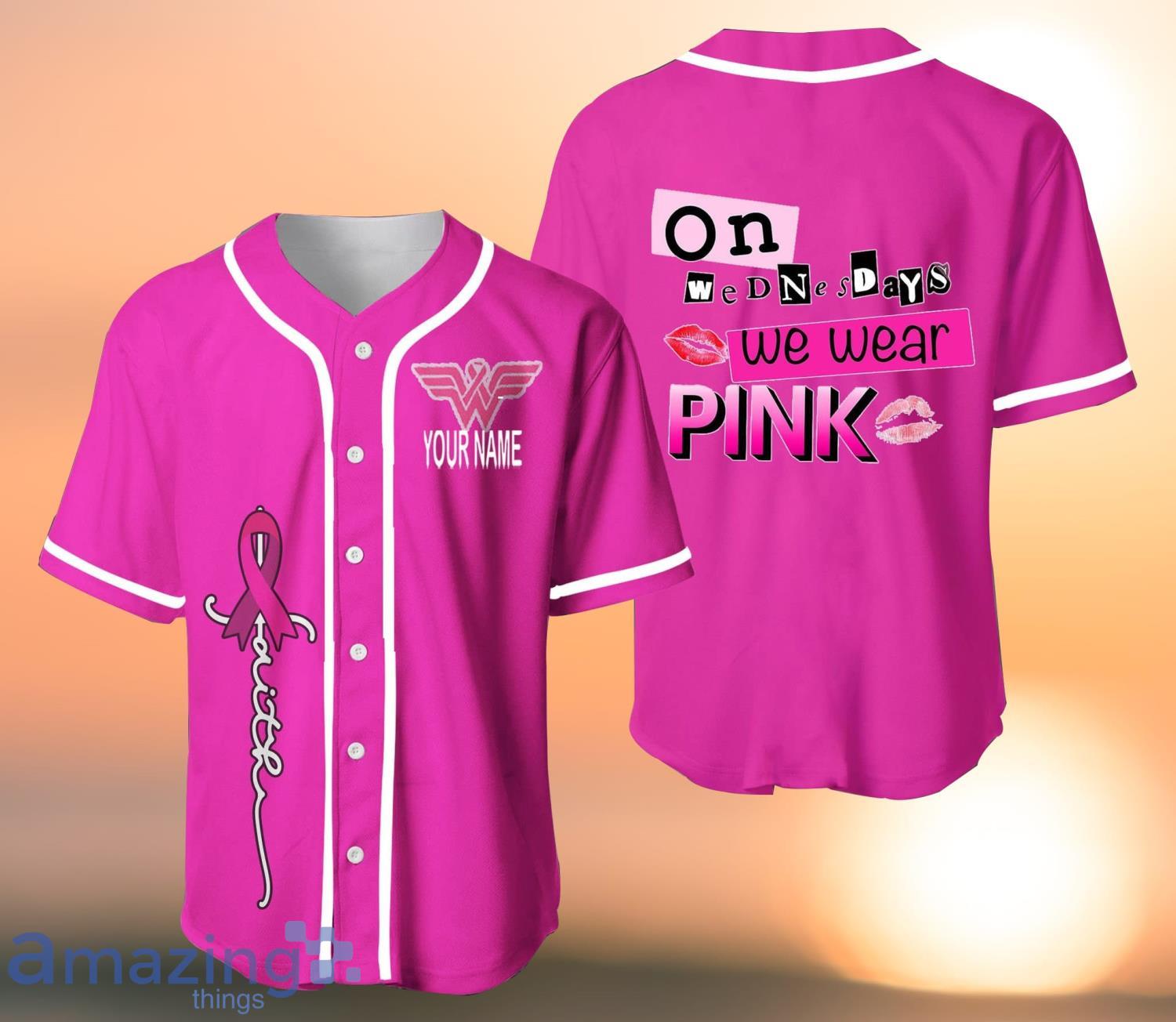 On Wednesday We Wear Pink Breast Cancer Mean Girls Jersey Pink Custom Name Baseball  Jersey Shirt
