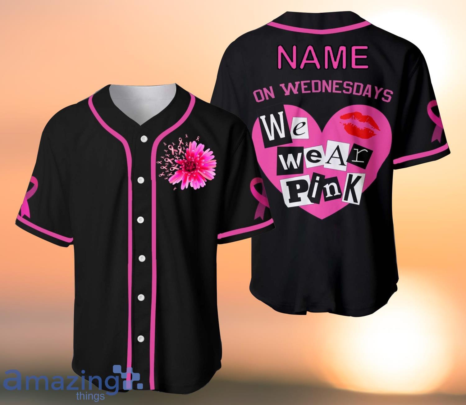 On Wednesday We Wear Pink Breast Cancer Mean Girls Jersey Pink Custom Name Baseball  Jersey Shirt