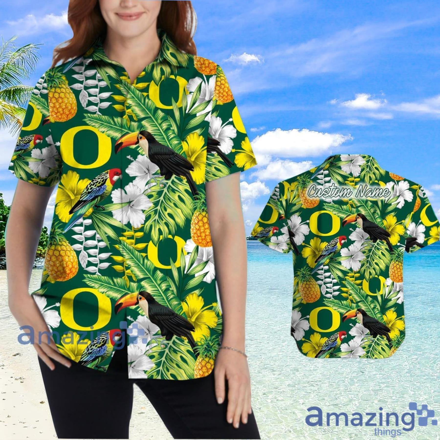 Oregon Ducks Custom Name Pineapple Parrot Floral Tropical Hawaiian Shirt image Oregon Ducks Custom Name Pineapple Parrot Floral Tropical Hawaiian Shirt Product Photo 2