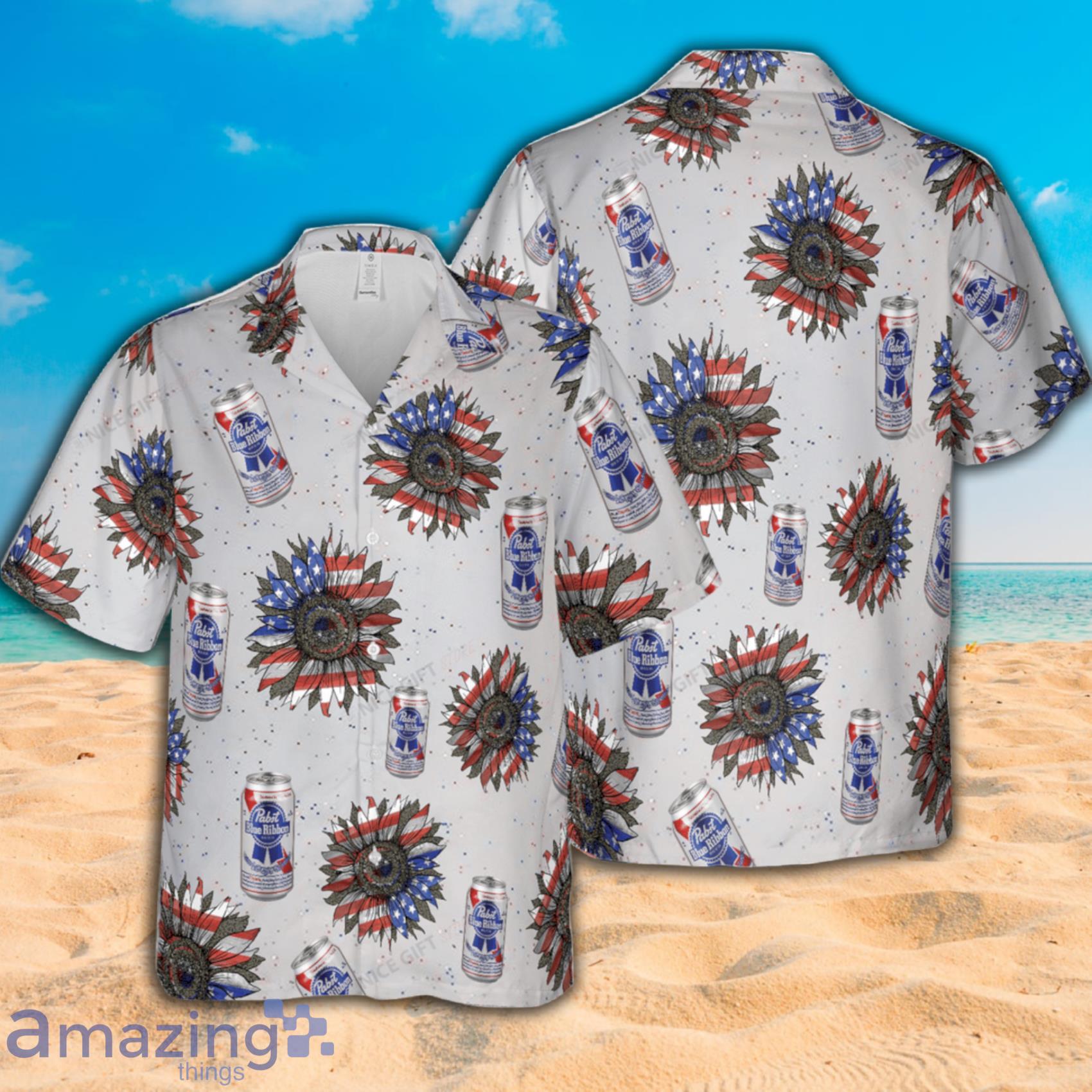 Pabst Blue Ribbon Sunflowered 4th Of July Short Sleeve Hawaiian Shirt Product Photo 1