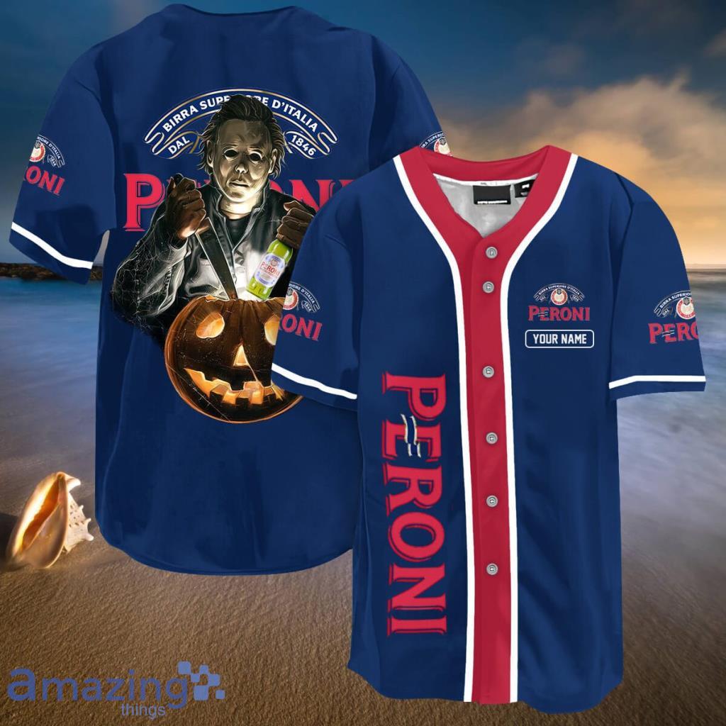 Personalized Scary Michael Myers Pumpkin Peroni Beer Baseball Jersey Shirt - Personalized Scary Michael Myers Pumpkin Peroni Beer Baseball Jersey Shirt