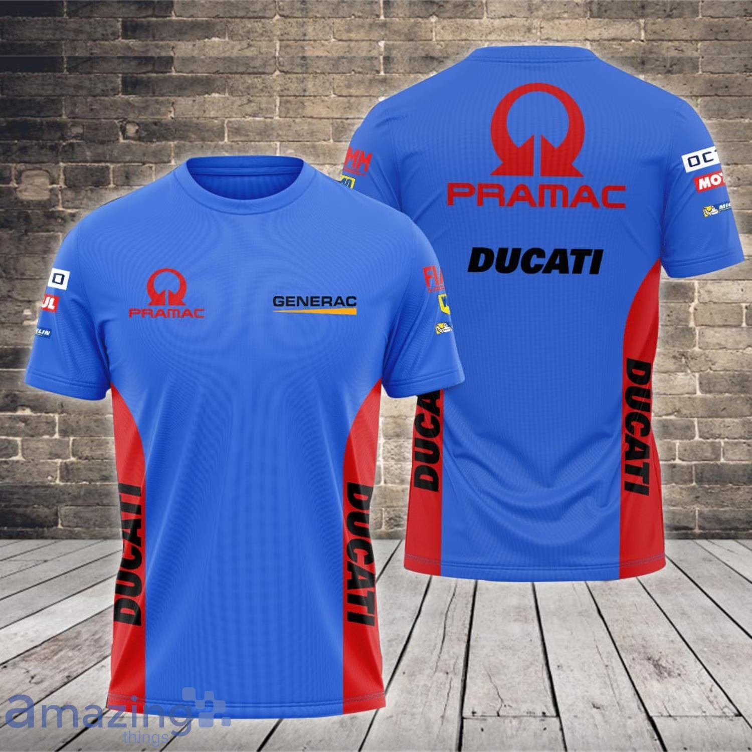 Pramac Racing Ducati Generac Fiamm All Over Print 3D T-Shirt Blue Product Photo 1 Pramac Racing Ducati Generac Fiamm All Over Print 3D T-Shirt Blue Product Photo 1