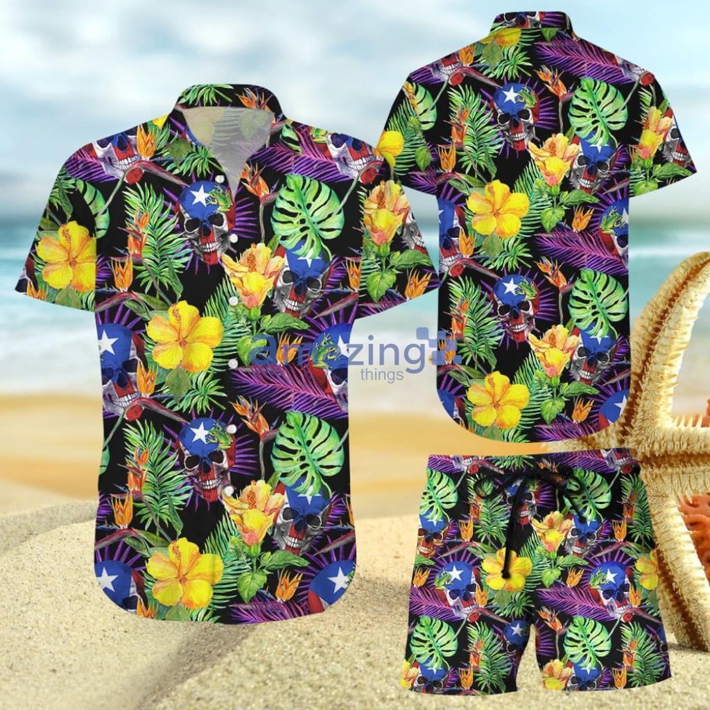 Puerto Rico Skull Tropical Flowers Hawaiian Shirt  And Short - Yellow Hawaiian Flower Shirt - Puerto Rico Skull Tropical Flowers Hawaiian Shirt - Summer Gift Ideas_4625