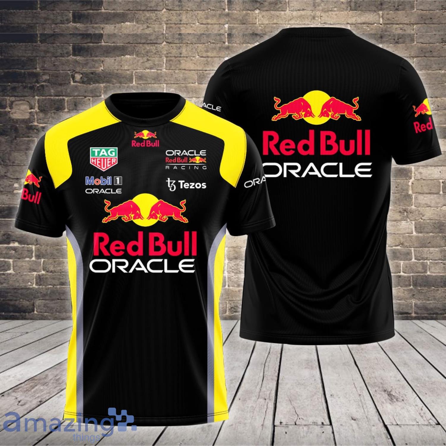 Red Bull Racing Oracle Tezos Mobil 1 Black All Over Print 3D T-Shirt Yellow Product Photo 1
