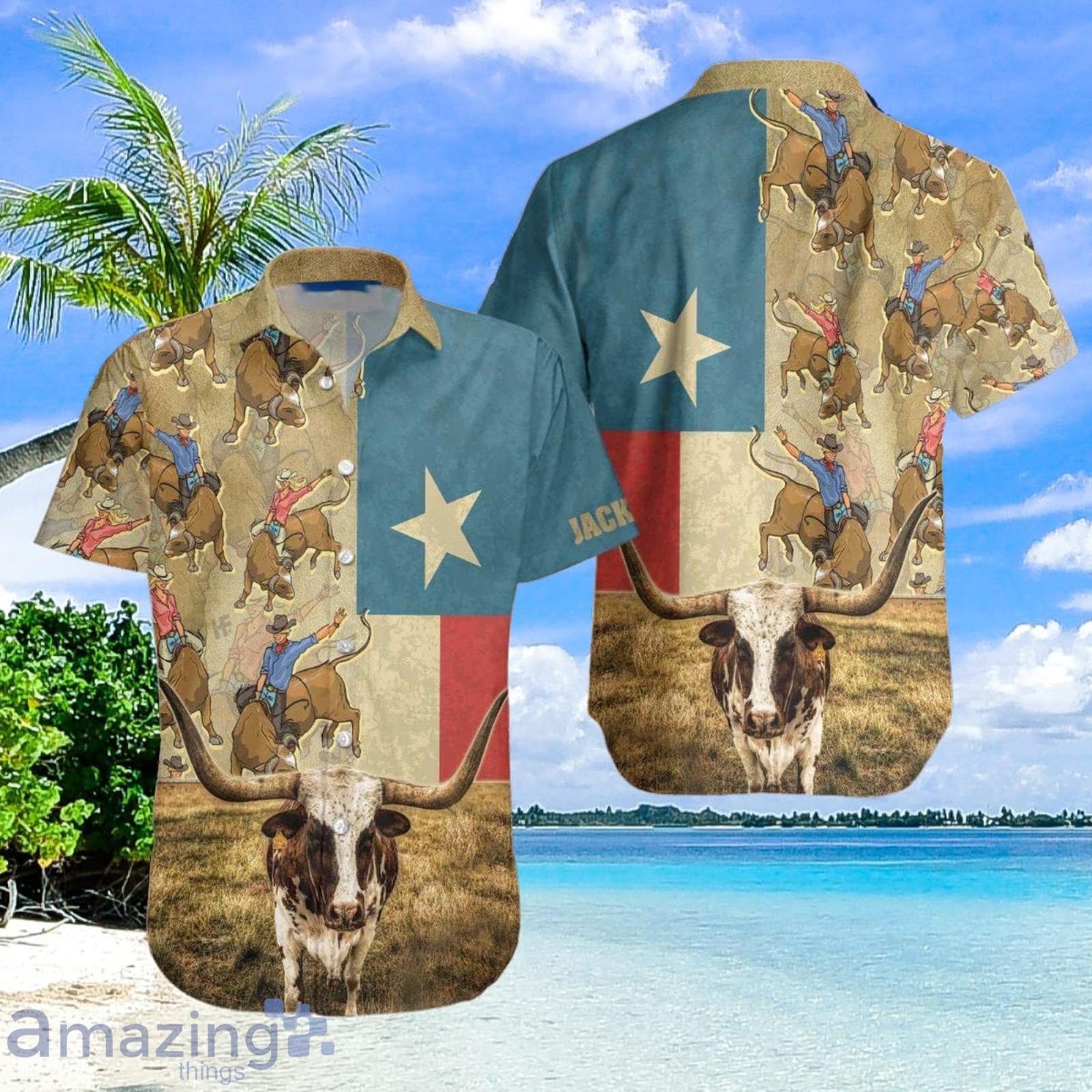 Rodeo Longhorn Texas Flag Custom Name Aloha Hawaiian Shirt Summer Gift Product Photo 1