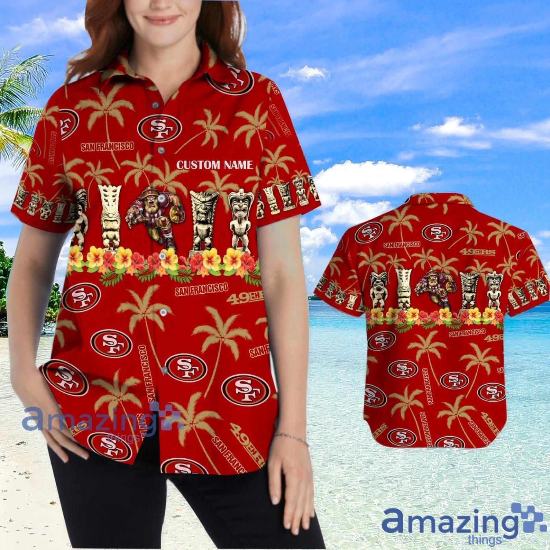 San Francisco 49ers Coconut Pattern Tiki Custom Name Hawaiian Shirt Summer Gift image San Francisco 49ers Coconut Pattern Tiki Custom Name Hawaiian Shirt Summer Gift Product Photo 2