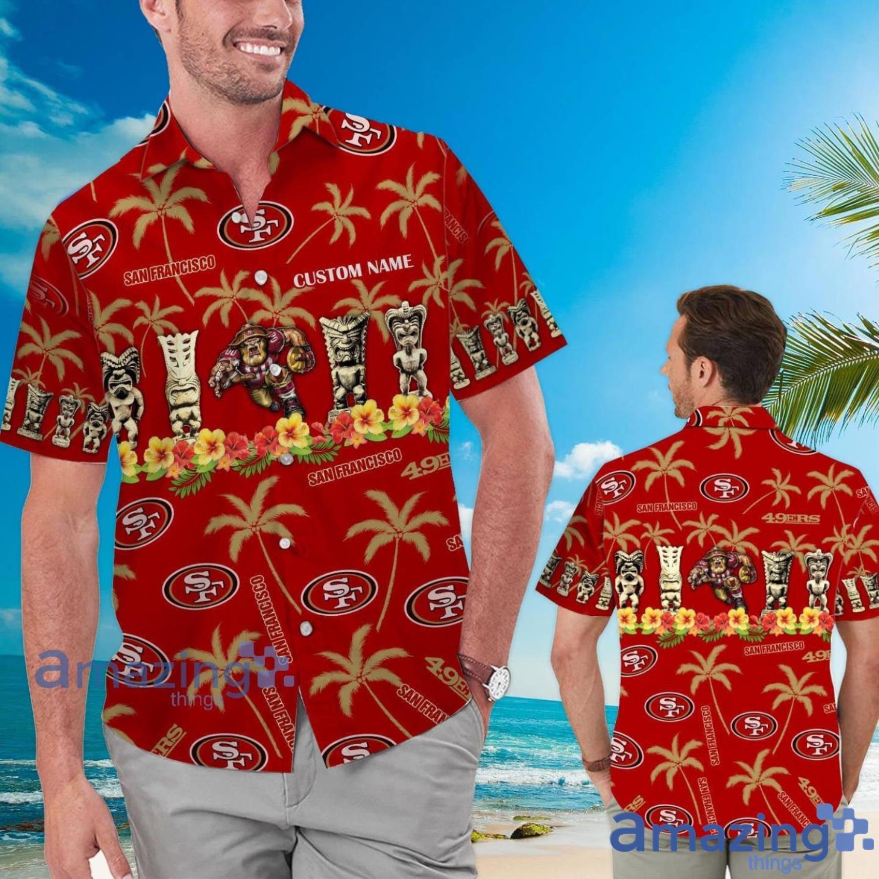 San Francisco 49ers Coconut Pattern Tiki Custom Name Hawaiian Shirt Summer Gift Product Photo 1 San Francisco 49ers Coconut Pattern Tiki Custom Name Hawaiian Shirt Summer Gift Product Photo 1