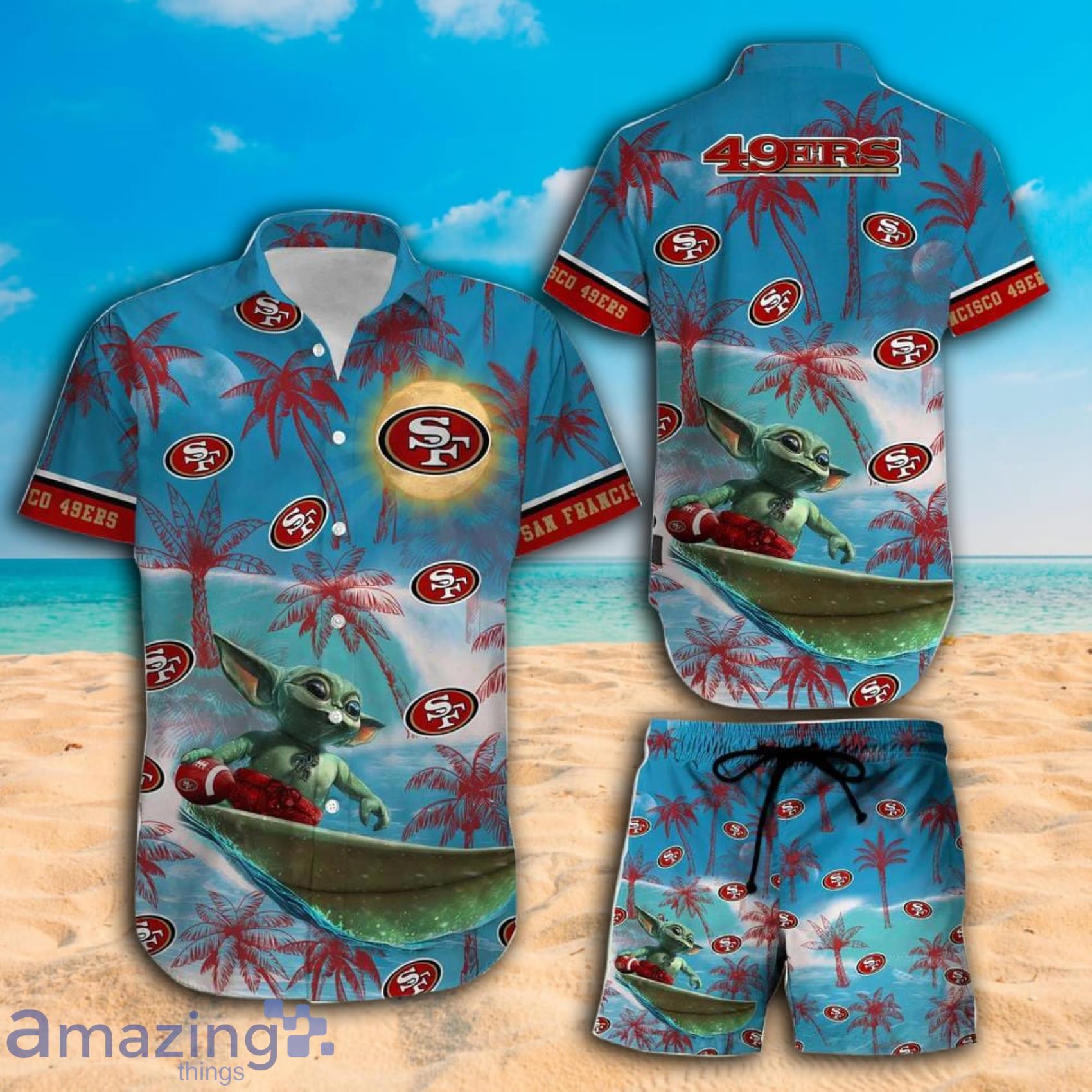 San Francisco 49ers Football Team Baby Yoda Surfing Summer Beach Hawaiian Shirt And Beach Short Product Photo 1