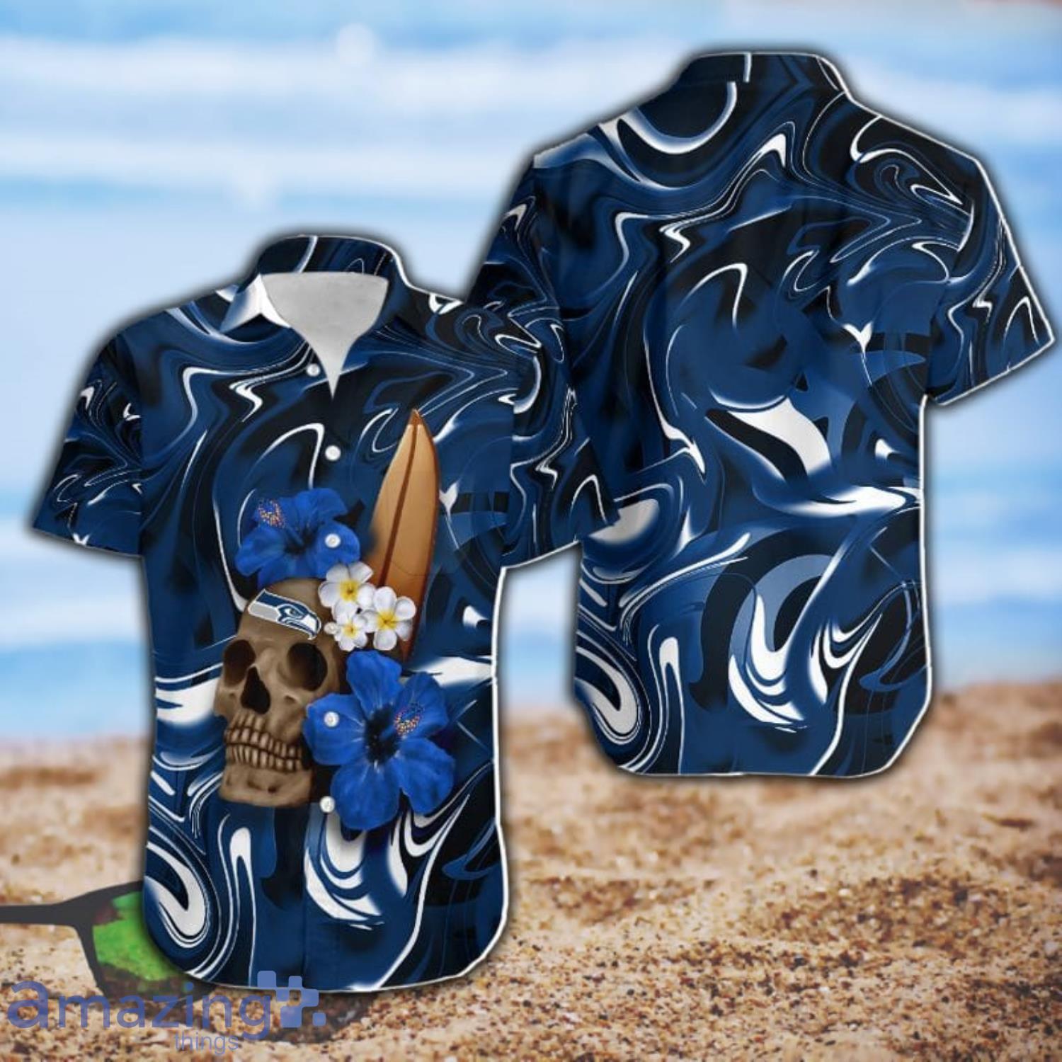Seattle Seahawks Skull And Hibiscus Flower NFL All Over Print Hawaiian Shirt Product Photo 1