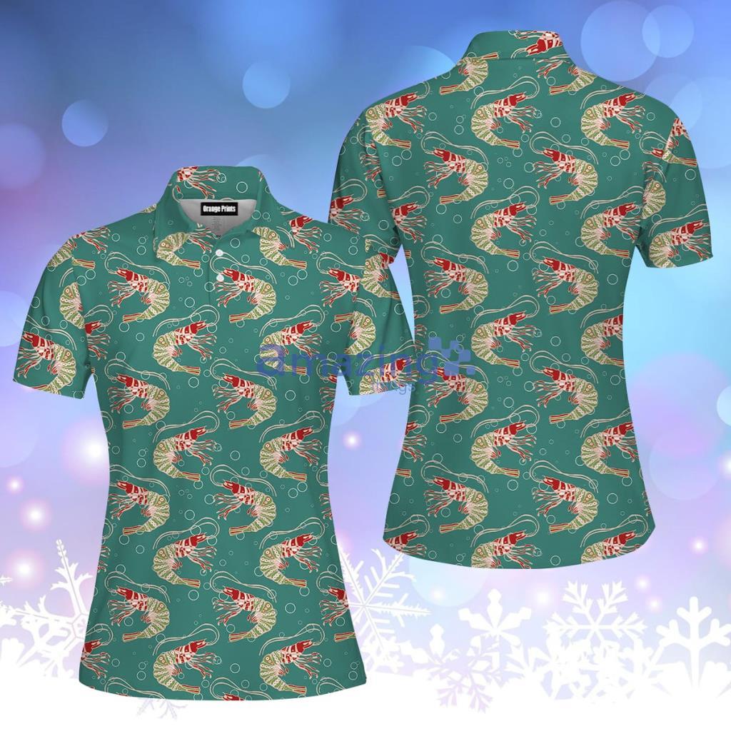 Shrimps In Turquoise Water With Bubbles Pattern Polo Shirt  For Women - Shrimps In Turquoise Water With Bubbles Pattern Polo Shirt  For Women  PO5365