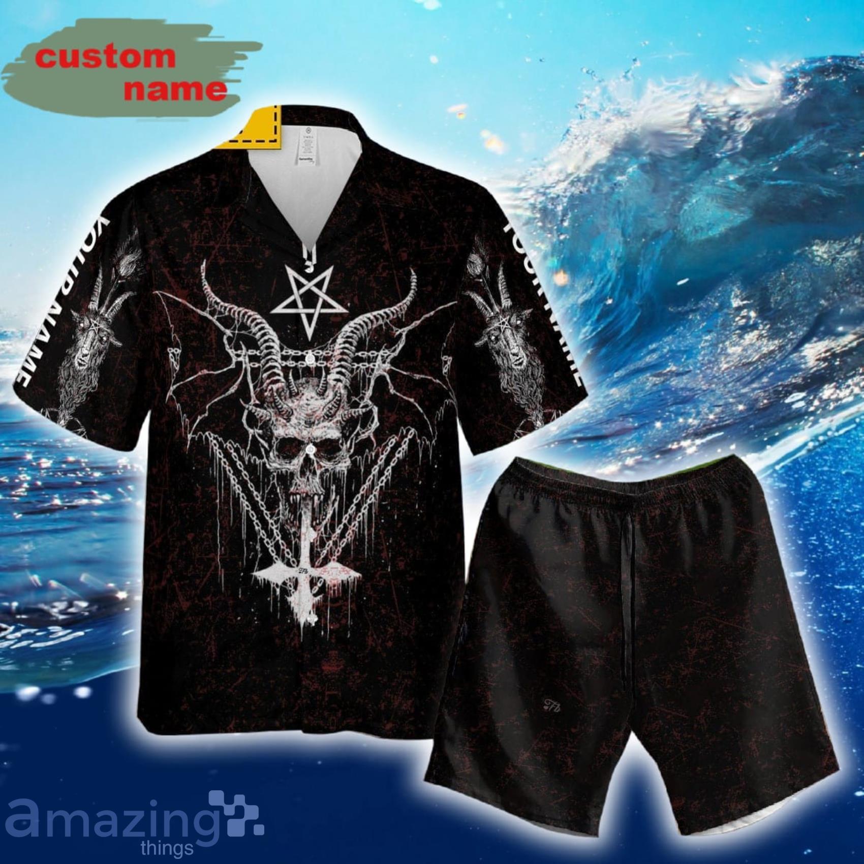 Skull Satanic Demon Goat Black Short Sleeve Hawaiian Shirt And Short Product Photo 1
