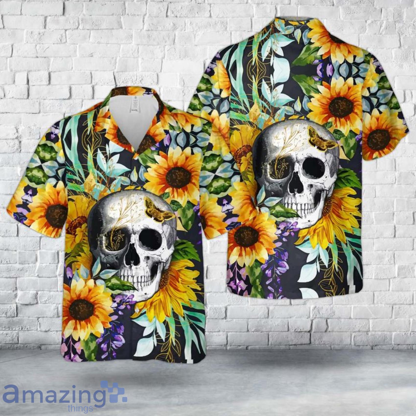 Skull Watercolor Sunflower Short Sleeve Short Sleeve Hawaiian Shirt Product Photo 1