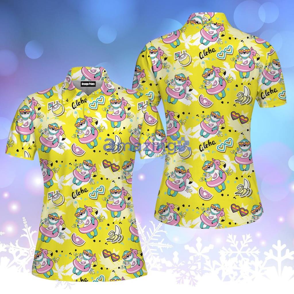 Sloth With Flamingo Circle On A Yellow Beach Polo Shirt  For Women - Sloth With Flamingo Circle On A Yellow Beach Polo Shirt  For Women  PO5393